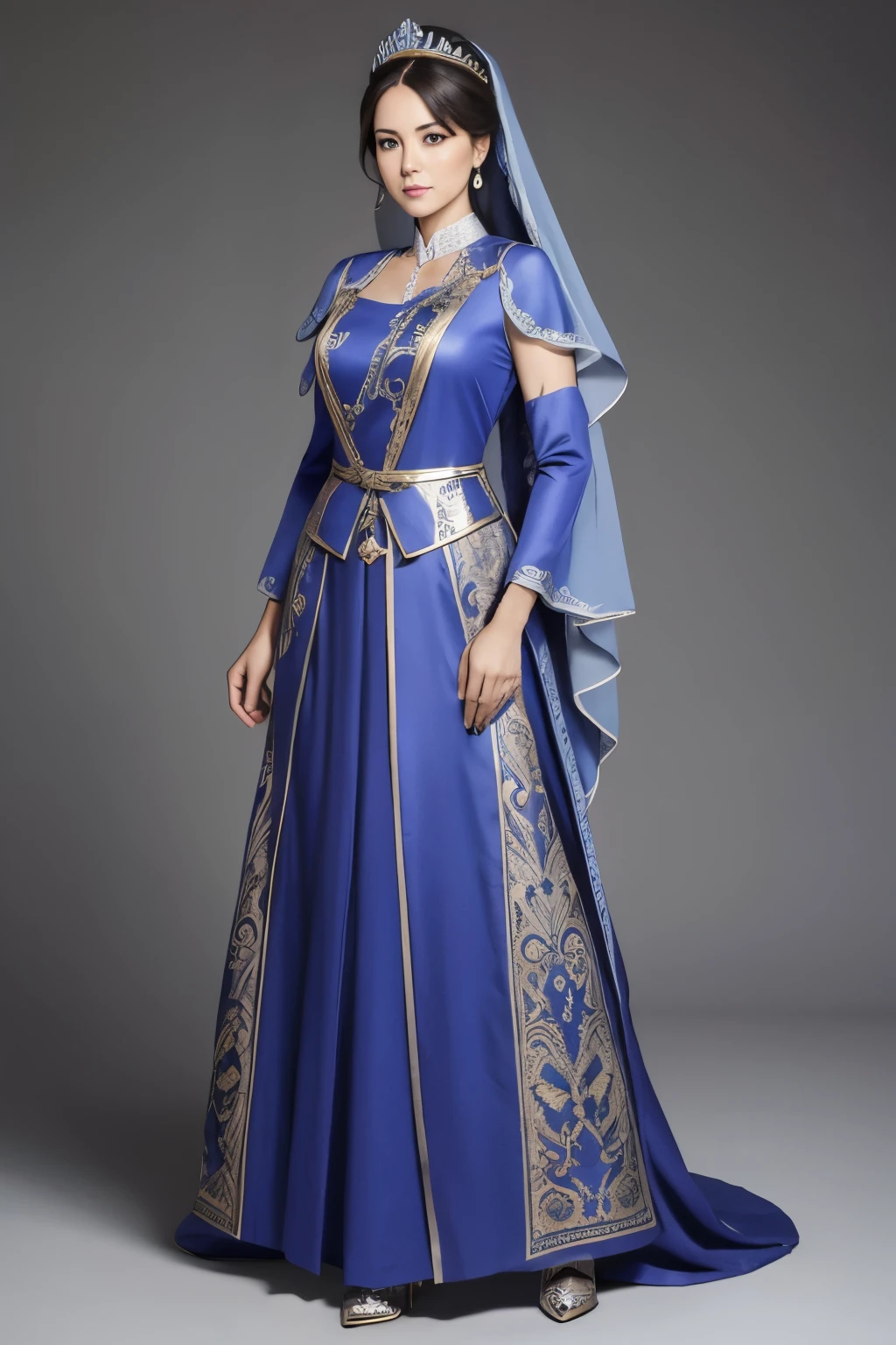 A woman in a dress standing in a building, Persian princess style, Beautiful woman of the Seljuk era, Silk dress, Girl athlete and archer, In elaborate Seljuk dress, Cyrilla, Magic inspired,