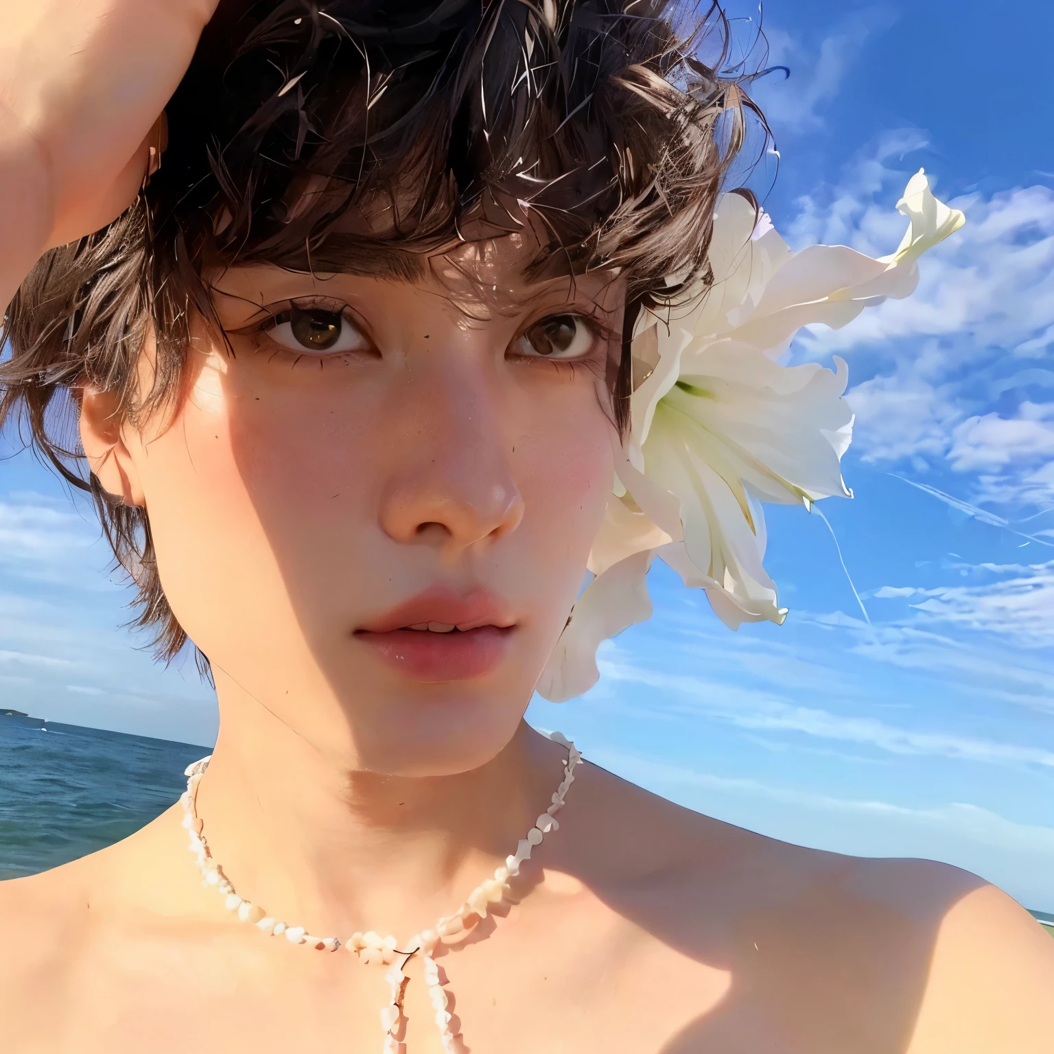 there is a woman with a flower in her hair on the beach, Finn Wolfhard, frank lily, Cai Xukun, imagem vazada, delicate androgynous prince, an epic non-binary model, Declan McKenna, her face looks like an orchid, Timótee Chalamet, gema chen, Zac Retz, Handsome androgynous prince, big cheekbones, Jungkook doBTS