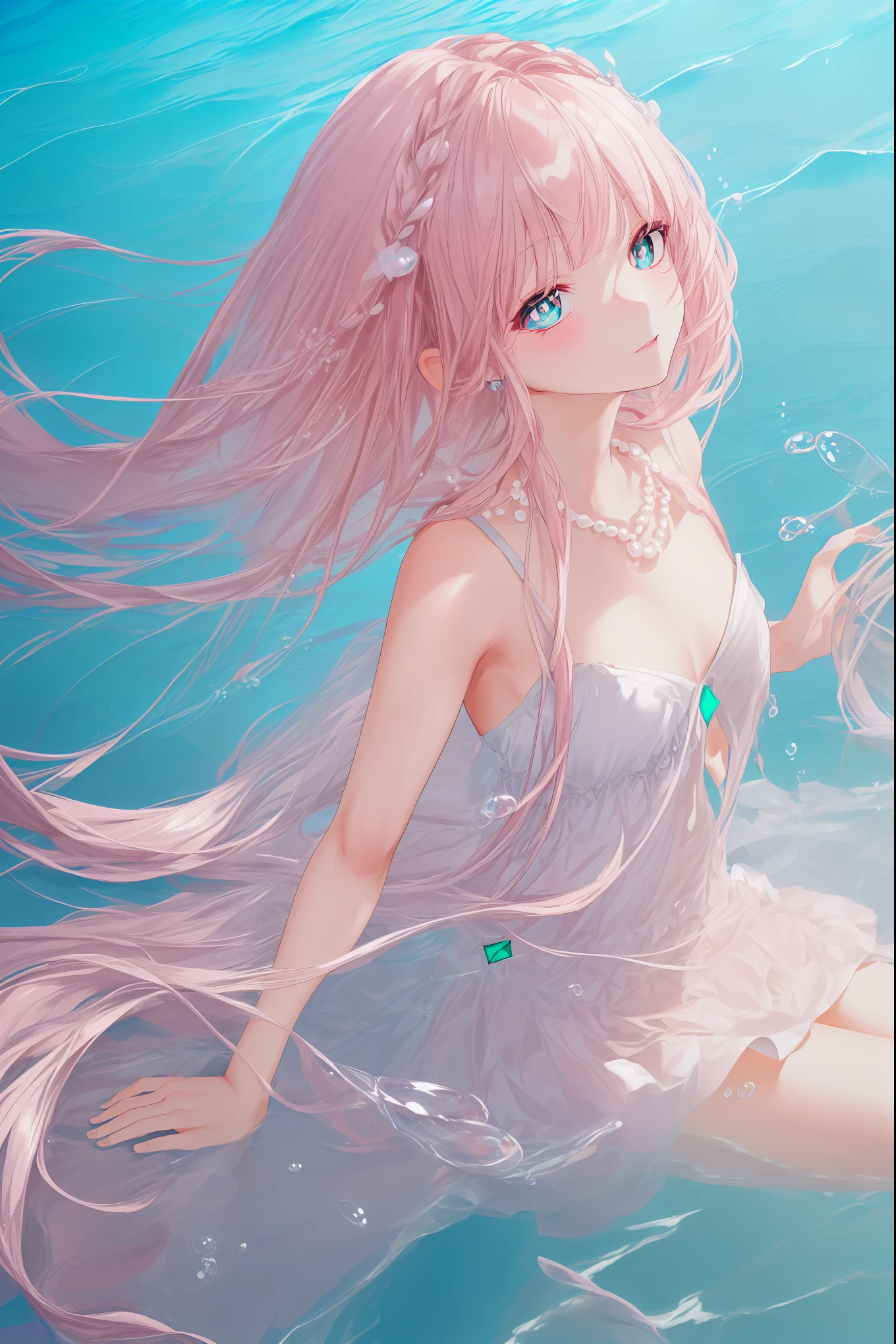 (((pearl pink hair,emerald pupils))),((beautiful and detailed)),(blushing), (geometric:1.1),(((under the water,in the ocean,bubbles,fish))), ((1girl,amazing,adorable girl,solo,arms down)),(Masterpiece,Best quality, offcial art,fractal art, Beautiful and aesthetic:1.2),(4k,HD,HRS),((small breasts)),(Physically-based rendering),Sharp focus, (((highdetailskin,The details are complex、Shallow depth of field、movie lighting、Reflectors、a Canon EOS R5、50mm lens、f / 2.8、shot at 8k resolution))),simple cloths，correct pupils,((((shiny hair|detailed hair|half bangs|long hair)))),(masterpiece sidelighting),(The sheen),(beautiful hair,beautiful background,bokeh:55mm)),((extremely_Detailed_Eyes_and_face)),Movie girl,(Dynamic posture: 1.2),Brilliant