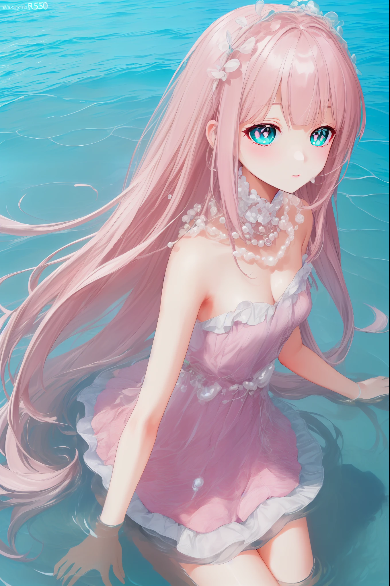 (((pearl pink hair,emerald pupils))),((beautiful and detailed)),(blushing), (geometric:1.1),(((under the water,in the ocean,bubbles,fish))), ((1girl,amazing,adorable girl,solo,arms down)),(Masterpiece,Best quality, offcial art,fractal art, Beautiful and aesthetic:1.2),(4k,HD,HRS),((small breasts)),(Physically-based rendering),Sharp focus, (((highdetailskin,The details are complex、Shallow depth of field、movie lighting、Reflectors、a Canon EOS R5、50mm lens、f / 2.8、shot at 8k resolution))),simple cloths，correct pupils,((((shiny hair|detailed hair|half bangs|long hair)))),(masterpiece sidelighting),(The sheen),(beautiful hair,beautiful background,bokeh:55mm)),((extremely_Detailed_Eyes_and_face)),Movie girl,(Dynamic posture: 1.2),Brilliant