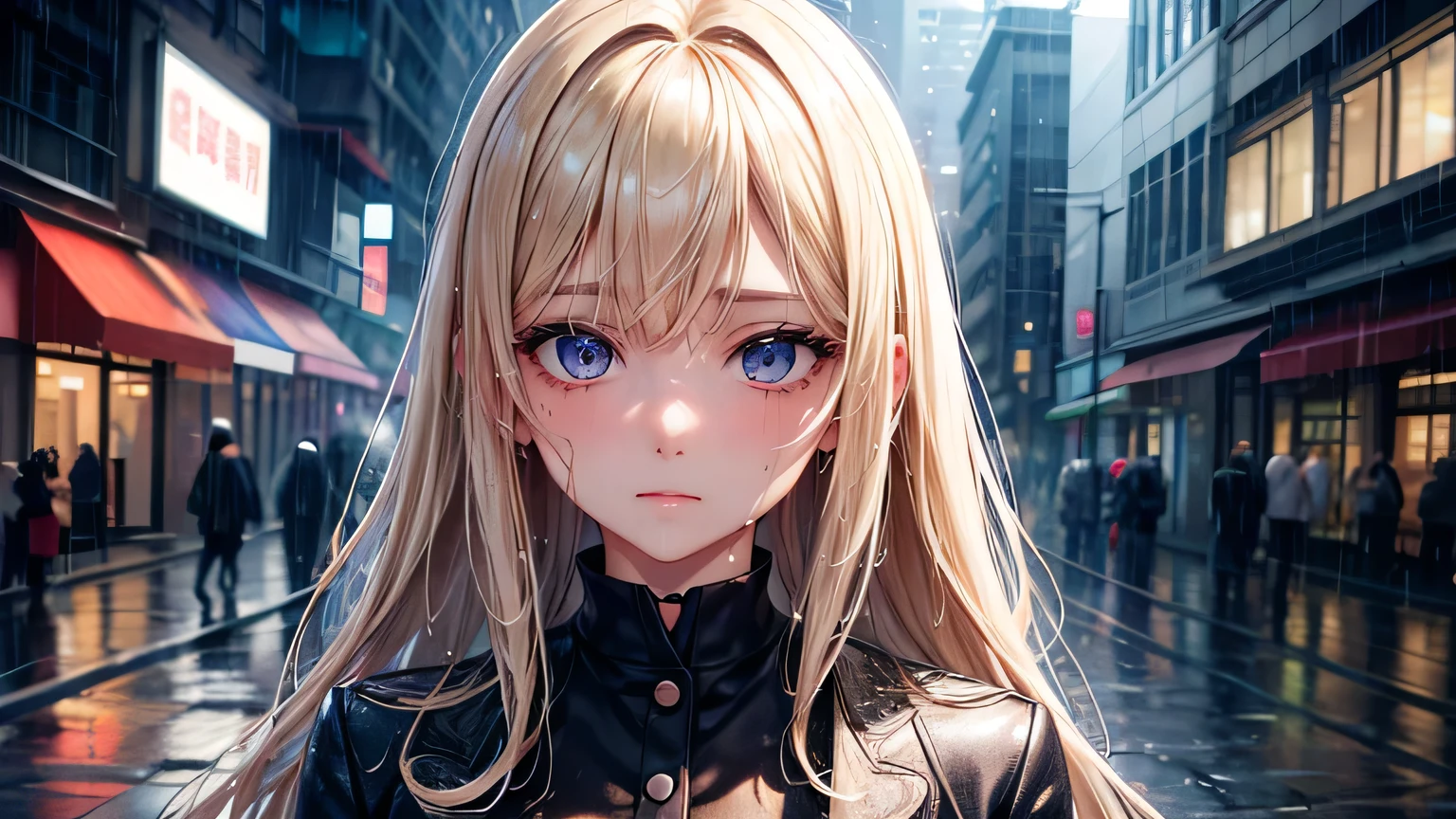 Beautiful woman 1.3, Beautiful blonde: 1.2, , Rainy Town: 1.2,City of night,In town: 1.1, Ultra-high resolution, Accurate, Super detailed, Textured skin, High detail, highest quality, 8k,Thin bangs,Upper Body,Well-drawn eyes, Focus on the face,blazer,Detailed hair depiction,Detailed depiction of eyes、Detailed depiction of hair、rain、rain grain、Street lamp、Wet ground、Upper Body、midnight、Sad expression、Wet clothes、Wet Hair、Wet Face、