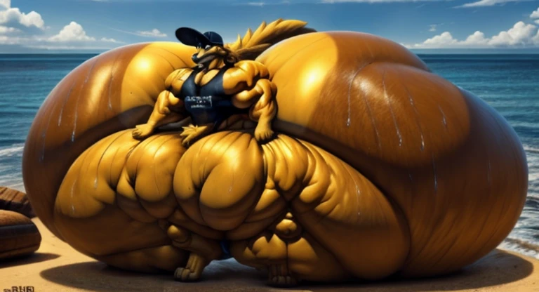 4k, high resolution, best quality, perfect lightning, perfect, solo, anthro, young, boy,golden yellow wolf:2.0, furry body, (fluffy mane:1.2), fluffy tail, male, adult, (bulky2:0, thick muscles2:0, huge muscles:2.0, hyper muscles:2.0), (thick biceps, veiny biceps, broad shoulders:2.0), (thick legs, thick calves:1.1), (digitigrade legs, 4 toes:1.2), perfect colors, (photorealistic fur, detailed fur, epic, masterpiece), (suggestive posing:1.2), (seductive smile, lustful grin 1.3), detailed beach,detailed wolf eyes:2.0, by k0suna, by darkgem,nipple ring,hyper arms:2.0,veins,golden yellow fur,hyper butt:2.0,hyper paws:2.0,standing,thick legs,thick butts:2.0,sweat body:2.0,massive butt:2.0,black hat,hyper ass:2.0,huge ass,long legs,juicy butt:2.0,butt like a wall:2.0,fat butt,butt fill most of picture:2.0,fat legs