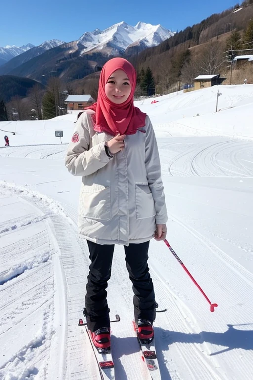 japanese muslim girl, pasmina hijab, perfect body figure, down jacket, white jacket, ski resort