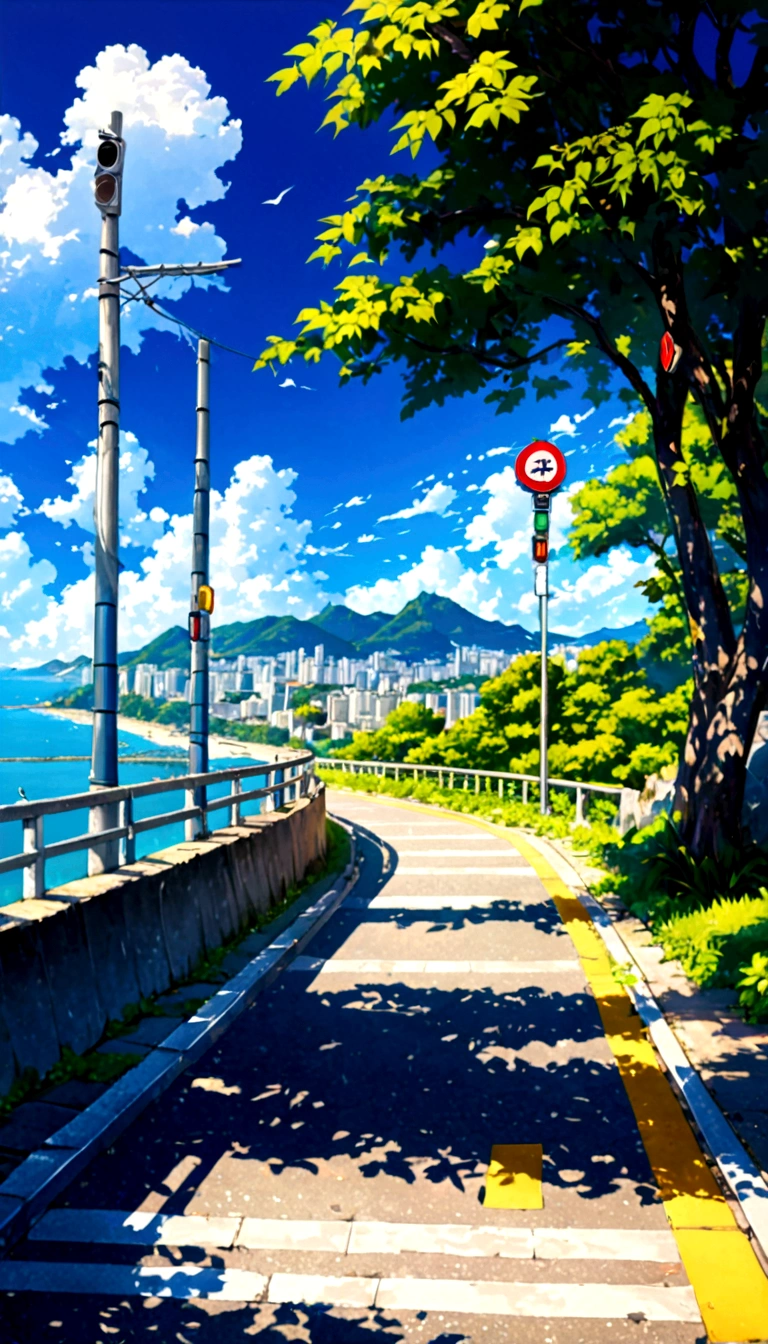 A painting depicting a waterside street, Traffic light on pole, rio de janeiro in an Japanese Manga film, Japanese Manga. author：Xin Haicheng, Japanese Manga landscape, author：Xin Haicheng, author：Xin Haicheng, Japanese Manga landscape wallpaper, Japanese Manga scenery, hd Japanese Manga cityscape, Xin Haicheng和 (cain kuga), Xin Haicheng;style, high resolution, Uhigh resolution, high resolutionR, 3.20 thousand,1:1 size