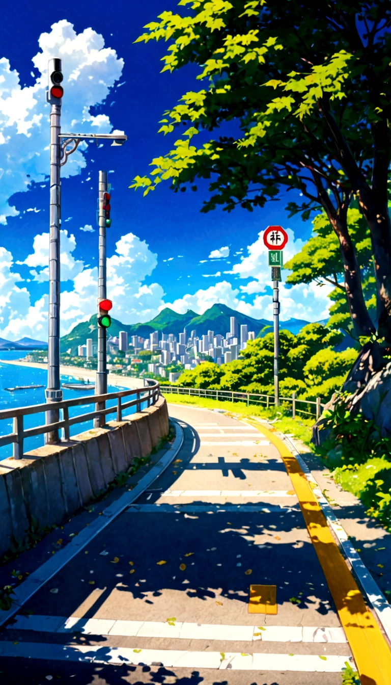A painting depicting a waterside street, Traffic light on pole, rio de janeiro in an Japanese Manga film, Japanese Manga. author:Xin Haicheng, Japanese Manga landscape, author:Xin Haicheng, author:Xin Haicheng, Japanese Manga landscape wallpaper, Japanese Manga scenery, hd Japanese Manga cityscape, Xin Haicheng和 (cain kuga), Xin Haicheng;style, high resolution, Uhigh resolution, high resolutionR, 3.20 thousand,1:1 size