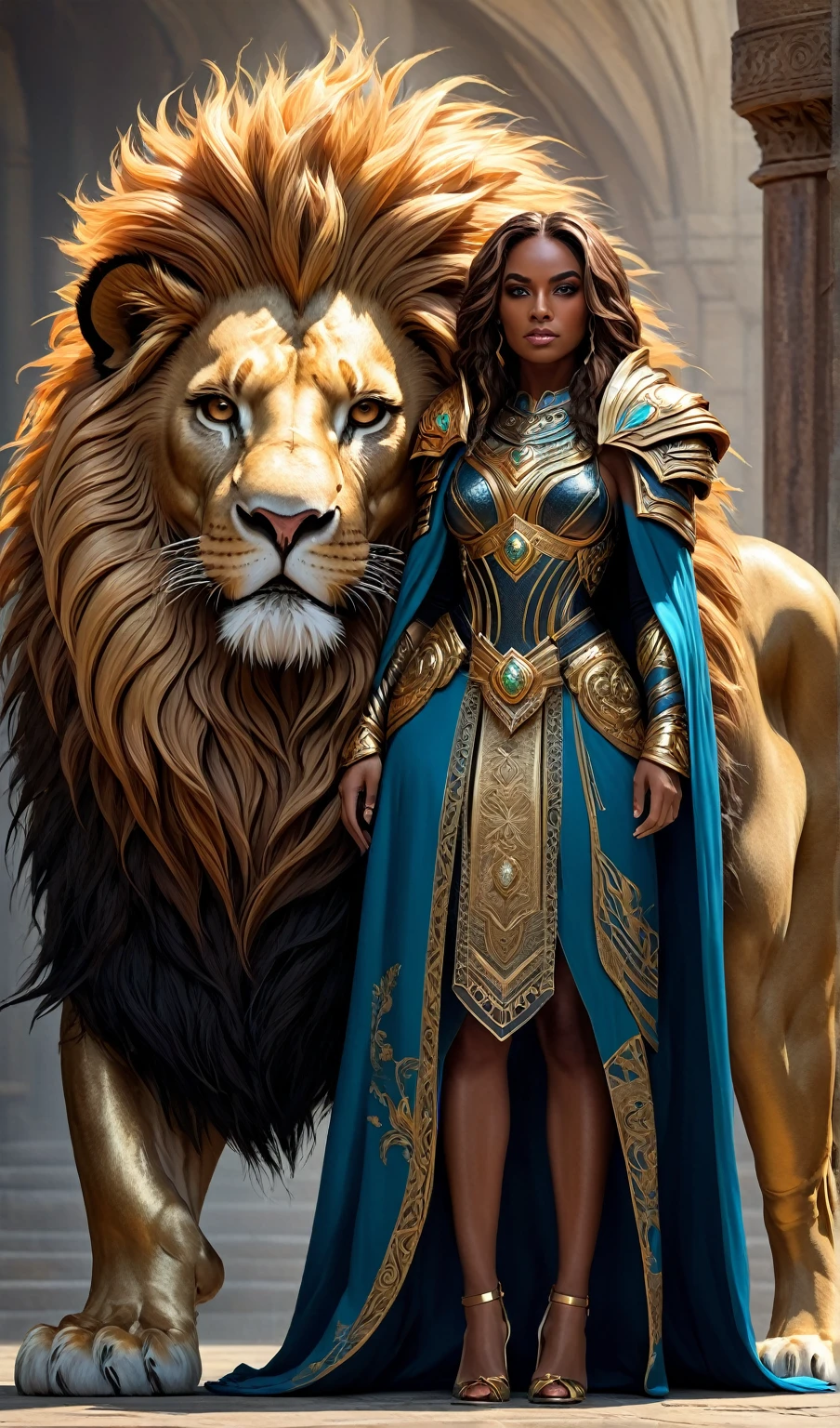a woman in costume standing next to a lion, Exquisite and epic character art., fantasy character art., impresionante arte de personajes, hyper detailed fantasy character, samira de liga de leyendas, epic fantasy art style, epic fantasy character art., la leona negra suave, complex fantasy character, Epic fantasy style, hermosa diosa de leo, amazing 8k character concept art