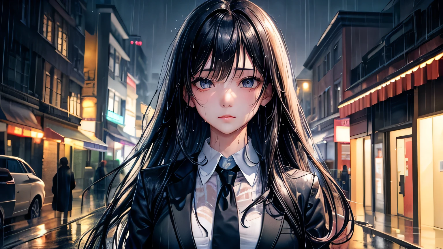 Beautiful woman 1.3, Beautiful black hair: 1.2, , Rainy Town: 1.2,City of night,In town: 1.1, Ultra-high resolution, Accurate, Super detailed, Textured skin, High detail, highest quality, 8k,Thin bangs,Upper Body,Well-drawn eyes, Focus on the face,blazer,Detailed hair depiction,Detailed depiction of eyes、Detailed depiction of hair、rain、rain grain、Street lamp、Wet ground、Upper Body、midnight、Sad expression、Wet clothes、Wet Hair、Wet Face、