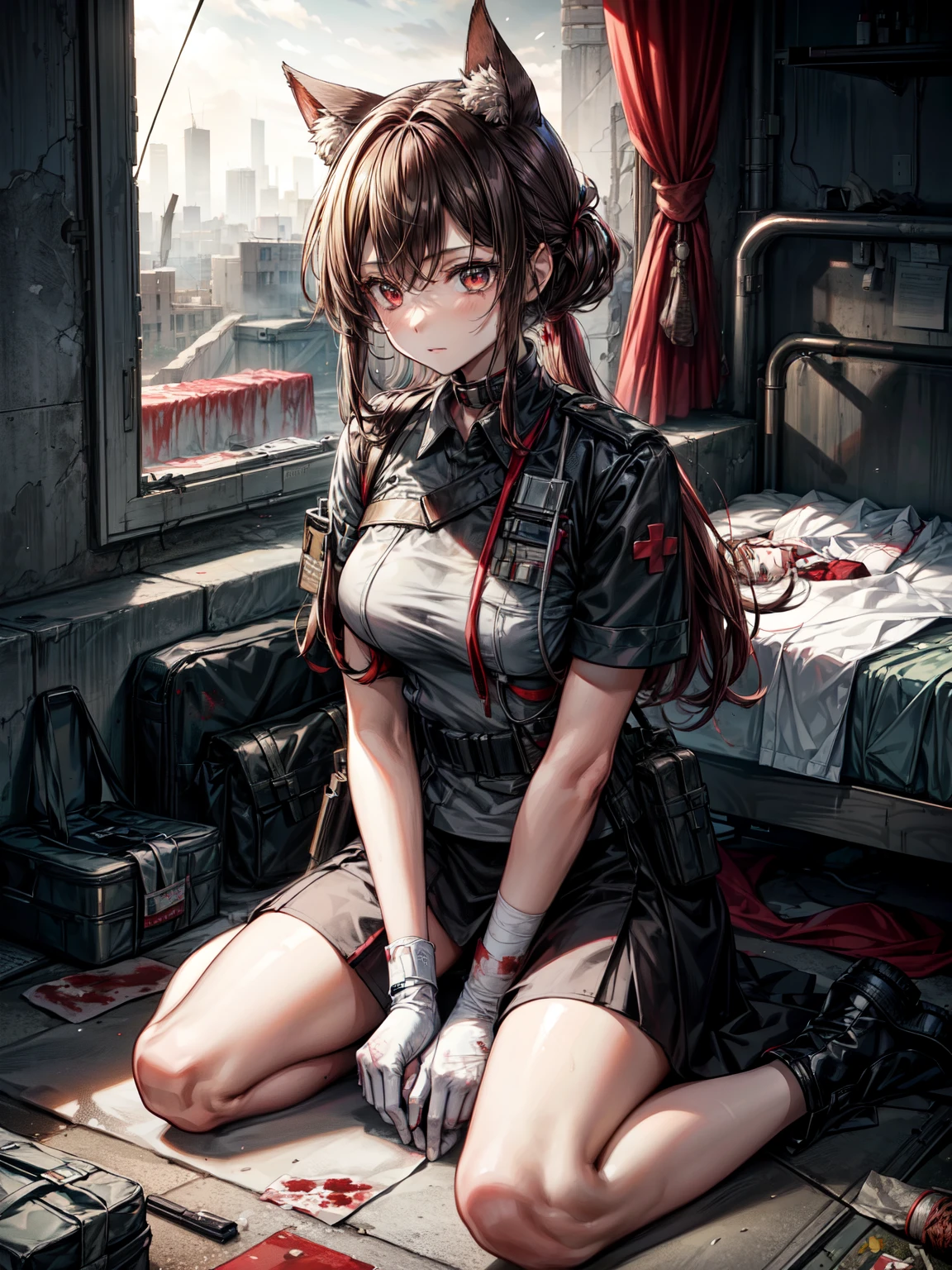 1 girl, ((masterpiece)), 8k, artstation, ultra high quality, ultra high detail, ((ultra high resolution)), glowing red eyes, brown hair, cat ears, surgical gloves, doctor, ((combat medic)), military, tactical, (pouches), tactical pouches, battlefield, close quarters combat, blood, white uniform, red cross, first aid, suture kit, indoors, pool of blood, bullet holes, war zone, medkit, hospital, patient, grave injury, medical clothes, doctor's attire, field medic, medical supplies, bandages, anti-biotics, morphine, bandaged knee, tired expression, tired, tourniquet, combat boots, black skirt, medical bed, medical kits, black socks, kneeling towards viewer, (hands between legs), 1 bandaged knee