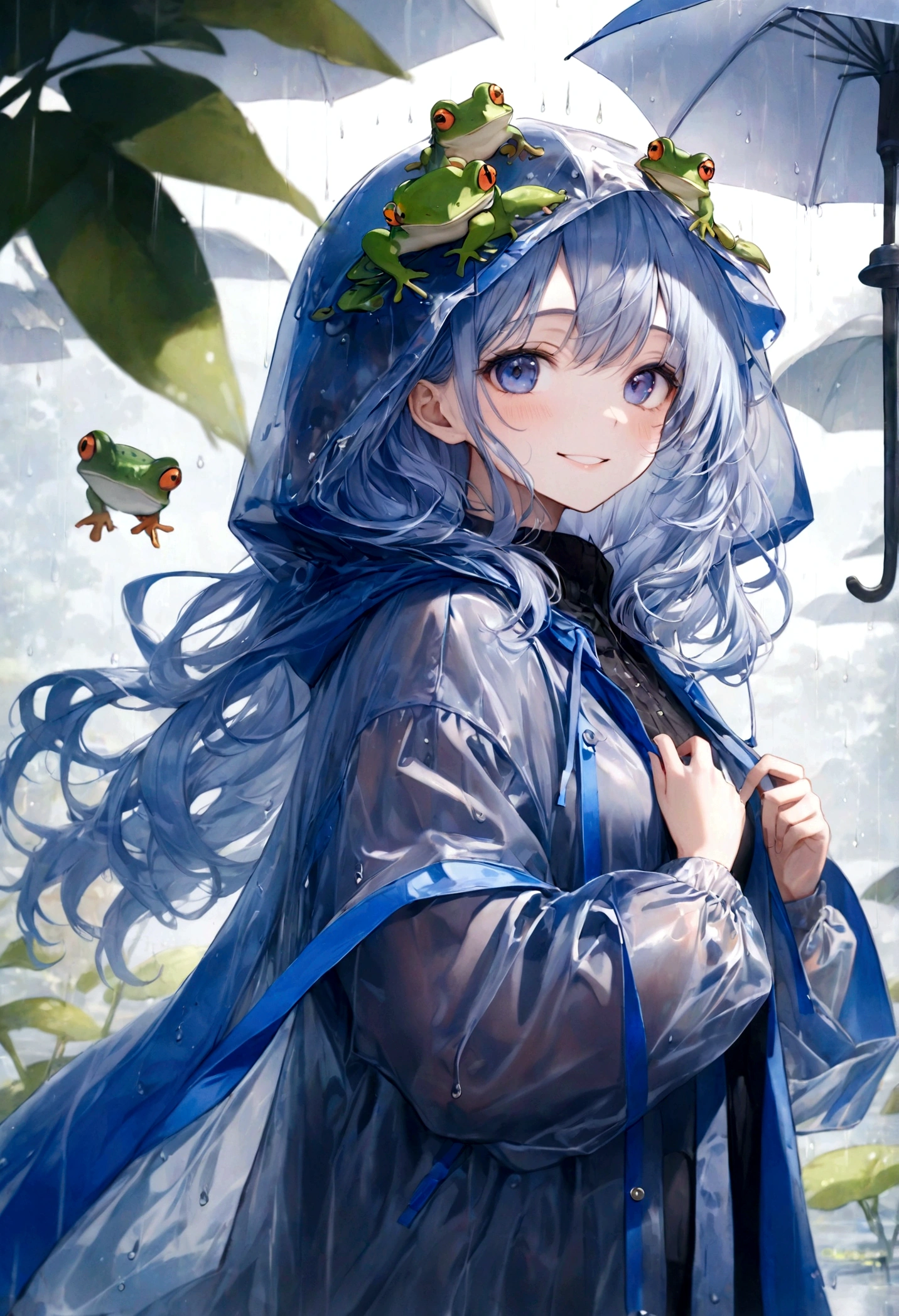 ((top-quality)), ((​masterpiece)), ((ultra-detailliert)), (extremely delicate and beautiful), dark purple bird, bird is round, beautiful woman, bright light blue hair, long wavy hair, sapphire blue eyes, wearing a spring raincoat, sheer raincoat, frog hood raincoat, graceful smile, sweet smile, relaxed expression, fair complexion, rainy background