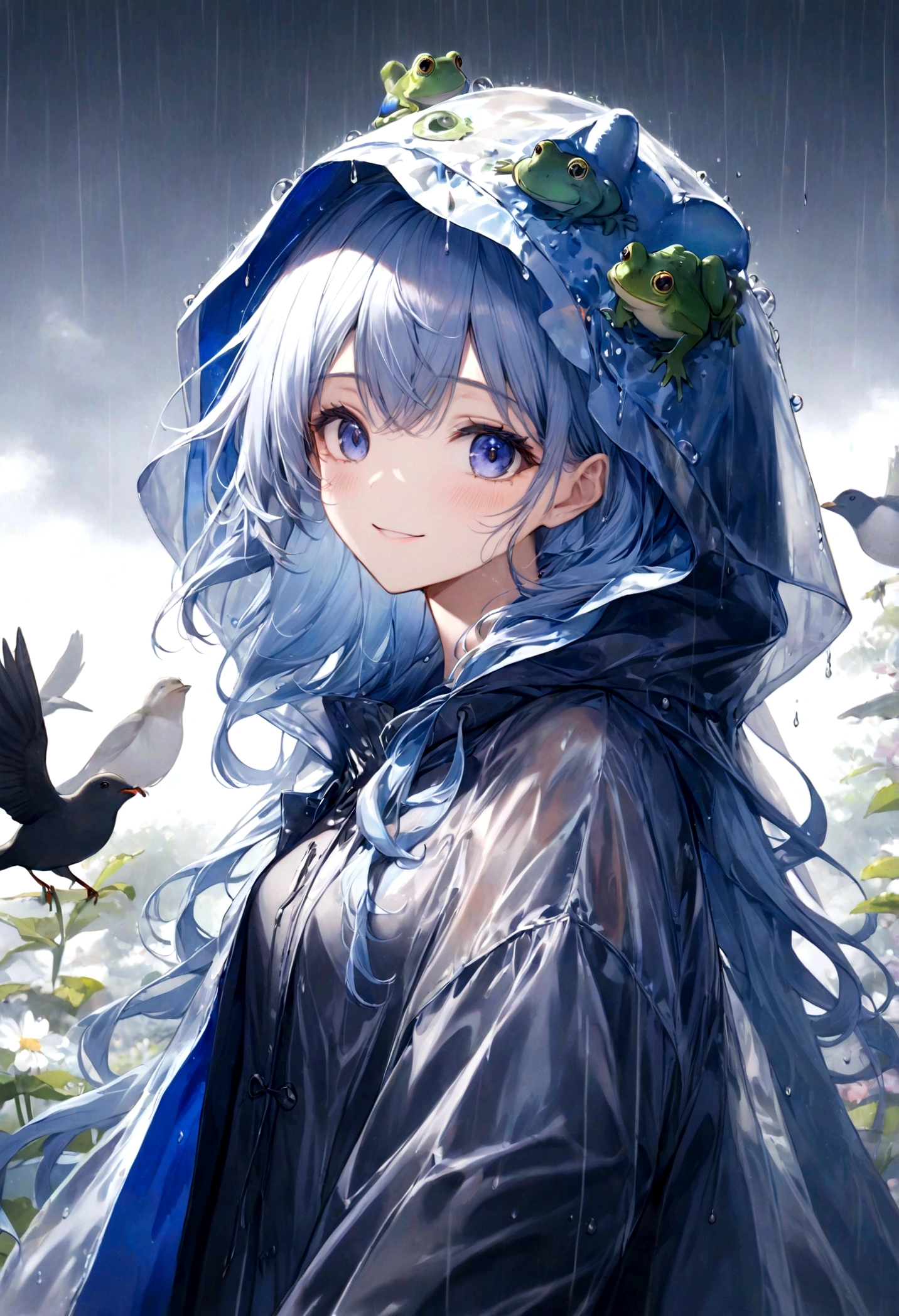 ((top-quality)), ((masterpiece)), ((ultra-detailliert)), (extremely delicate and beautiful), dark purple bird, bird is round, beautiful woman, bright light blue hair, long wavy hair, sapphire blue eyes, wearing a spring raincoat, sheer raincoat, frog hood raincoat, graceful smile, sweet smile, relaxed expression, fair complexion, rainy background