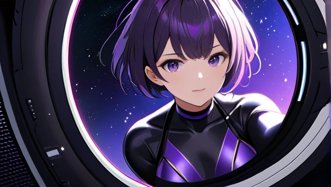 High-resolution anime digital art, Masterpiece, Short-haired, intelligent, strong, and sexy tomboy floated in outer space, purple pupil eyes, dressed in dark purple futuristic full spandex covered body, wearing a plain black choker, taking selfie in front of a black hole, show only on the screen.