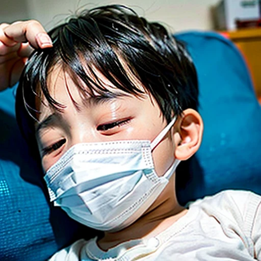 Handsome kindergarten boy with infectious disease、Appearance of suffering. He is wearing a white mask. He has a high fever. he is sleeping. He has a cough. He is exhausted. He is taking his temperature with a thermometer. He is dying. He is cooling his forehead with a cooling gel sheet..Are crying
