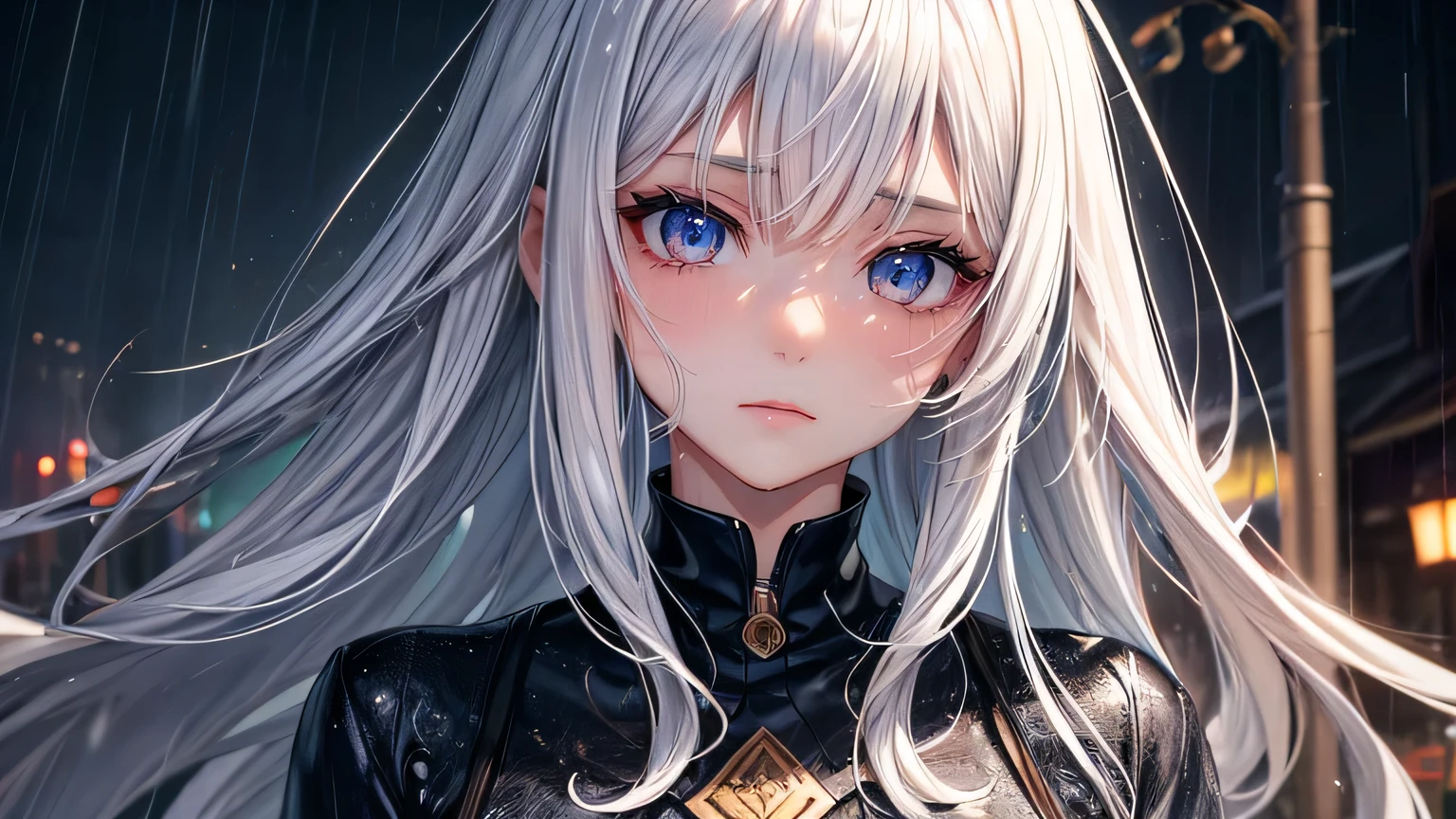 Beautiful woman 1.3, Beautiful silver hair: 1.2, , Rainy Town: 1.2,City of night,In town: 1.1, Ultra-high resolution, Accurate, Super detailed, Textured skin, High detail, highest quality, 8k,Thin bangs,Upper Body,Well-drawn eyes, Focus on the face,blazer,Detailed hair depiction,Detailed depiction of eyes、Detailed depiction of hair、rain、rain grain、Street lamp、Wet ground、Upper Body、midnight、Sad expression、Wet clothes、Wet Hair、Wet Face、