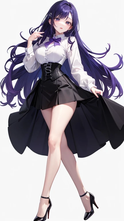 Purple Hair,Long Hair,Adult female,White Y-shirt,((Roll up her sleeves)),(corset),(Black tight skirt),(High heels),((A simple, blank white background)),smile,((full body)),((whole body)),