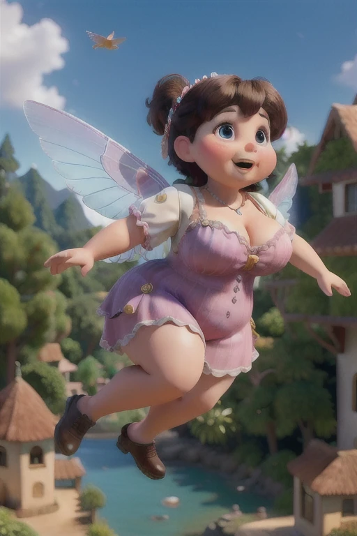 obra maestra, mejor calidad, a chubby lady magical fairy with wings, volando en un cielo soleado