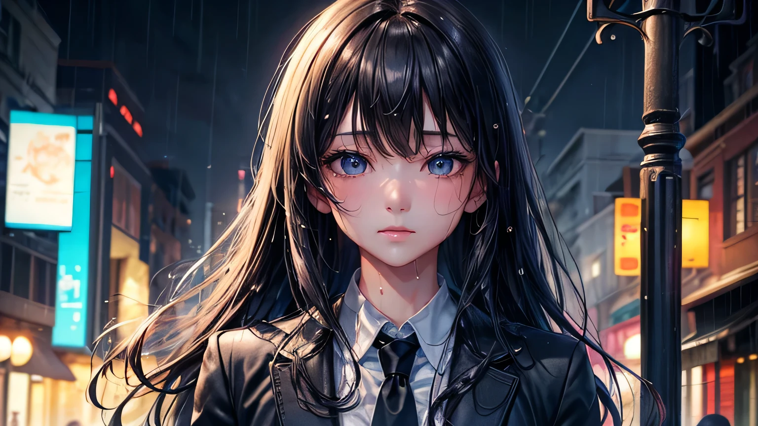 Beautiful woman 1.3, Beautiful Hair: 1.2, , Rainy Town: 1.2,City of night,In town: 1.1, Ultra-high resolution, Accurate, Super detailed, Textured skin, High detail, highest quality, 8k,Thin bangs,Upper Body,Well-drawn eyes, Focus on the face,blazer,Detailed hair depiction,Detailed depiction of eyes、Detailed depiction of hair、rain、rain grain、Street lamp、Wet ground、Upper Body、midnight、Sad expression、Wet clothes、Wet Hair、Wet Face、