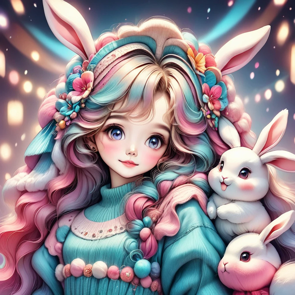 (cuerpo completo:1.5, plano entero:1.5),una mujer vestida con un disfraz de conejo esponjoso con grandes orejas de conejo, ((tiro de cuerpo completo:1.5)), gran angular, cute and childlike expression, retrato profesional, 8K hiper detallado, high resolution, rasgos faciales detallados, ropa detallada, soft lighting, caprichoso, Fancy, colores pasteles, adorable, 8k,HD.