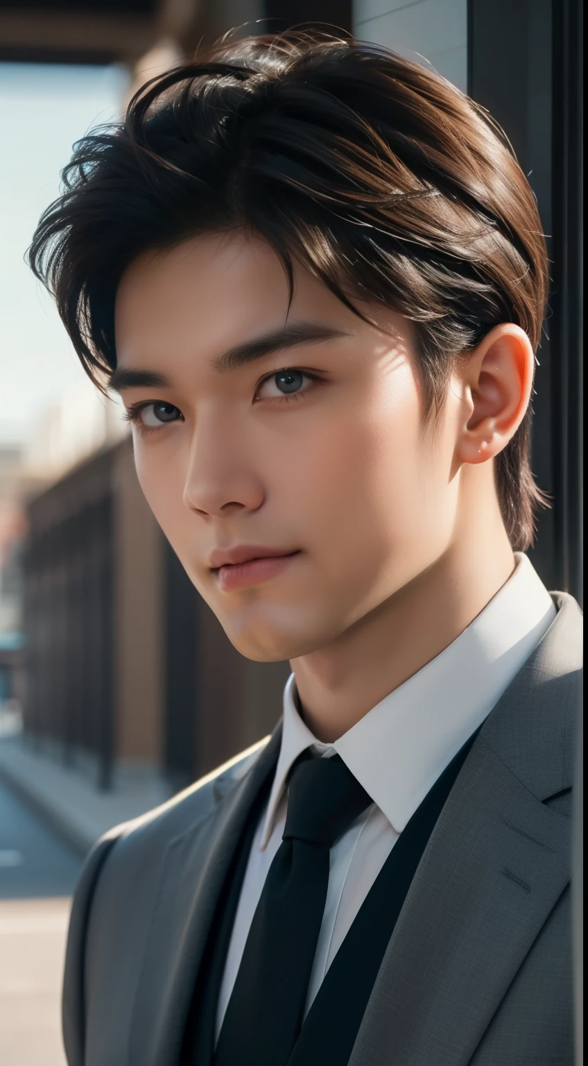 ((Men)), (head shot), (frontal face), (half body view), (Handsome muscular man in his 30s wearing black luxury suit with black necktie), zi wang (prince chiu), Mischievous smile, (detail: 1 in 1), Natural muscles, HIG quality, beautiful eyes, (Detailed face and eyes), (Face、: 1 / 2), Noise, Real Photographics, ... ...................................................................................................PSD, Sharp Focus, High resolution (8K), realistic & Professional Photography, 8K UHD, Soft lighting, High quality, Film grain, FujifilmXT3