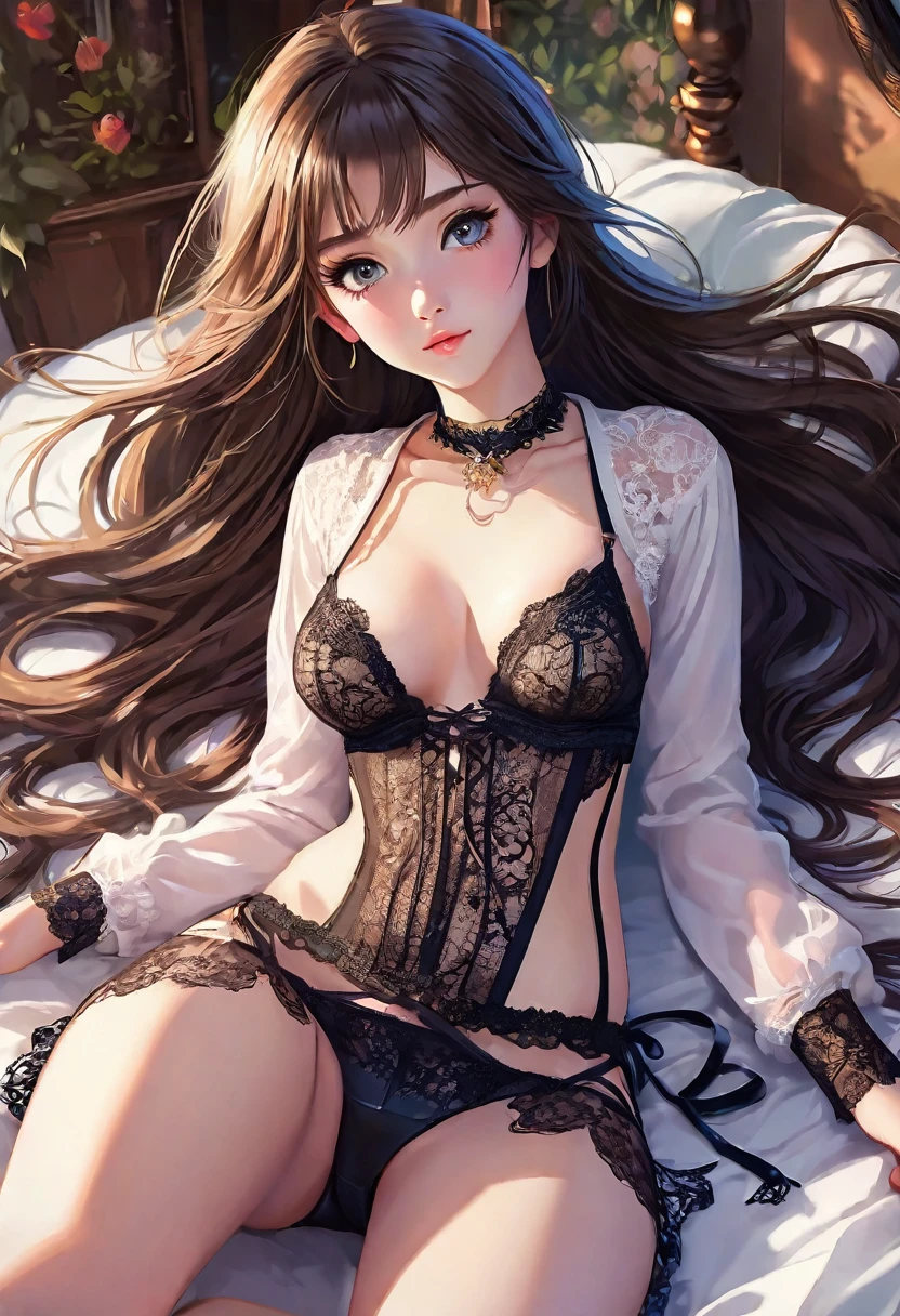 Create an image of a stunningly beautiful gorgeous perfect sexy  teenager, detailed perfect gorgeous face, detailed vibrant eyes,small little breast, slim body, full body view ,seductive lingerie, 