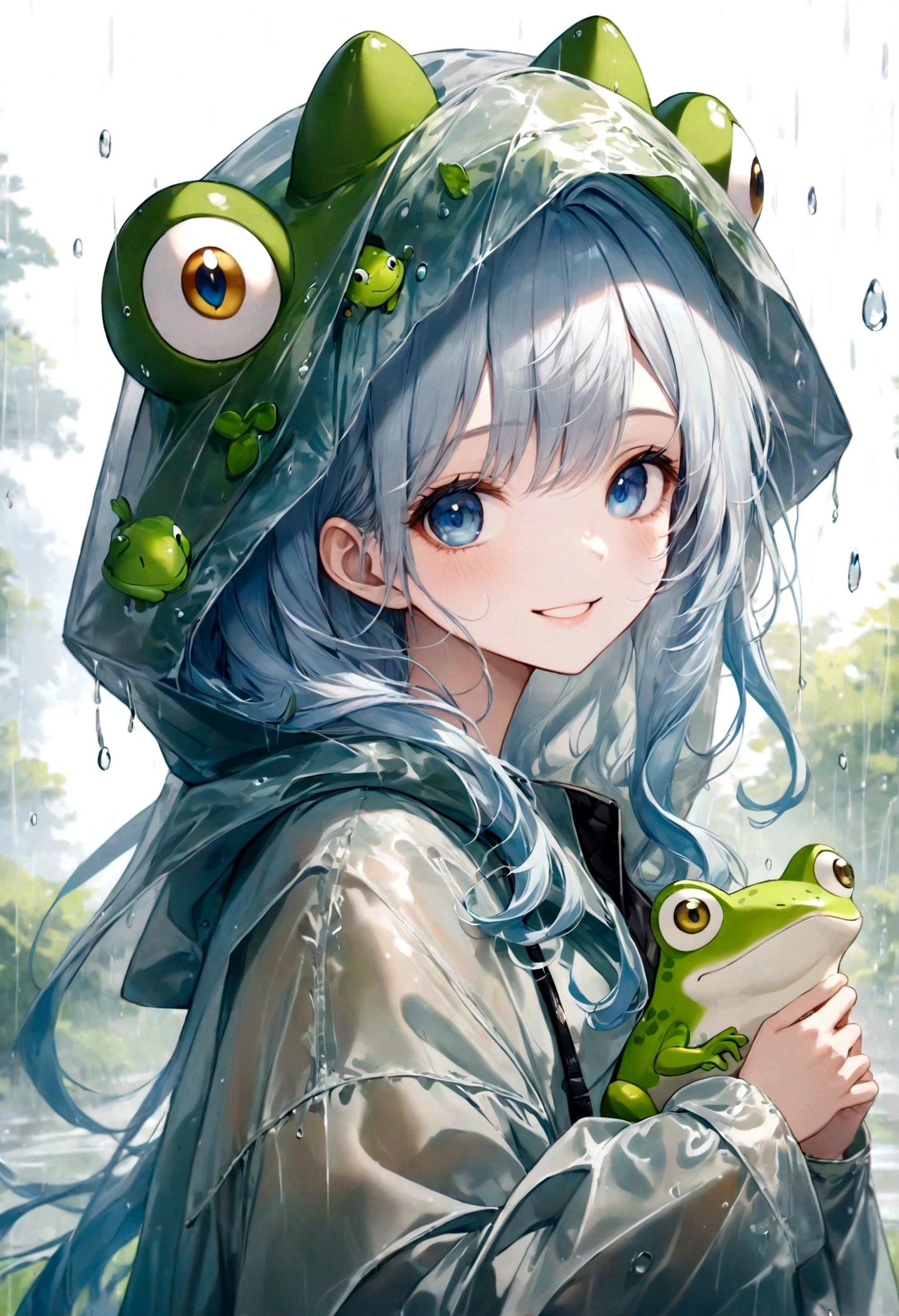 ((top-quality)), ((masterpiece)), ((ultra-detailliert)), (extremely delicate and beautiful), beautiful woman, bright light blue hair, long wavy hair, sapphire blue eyes, wearing a spring green raincoat, raincoat has a frog hood, raincoat is sheer, graceful smile, sweet smile, relaxed expression, fair complexion, rainy background