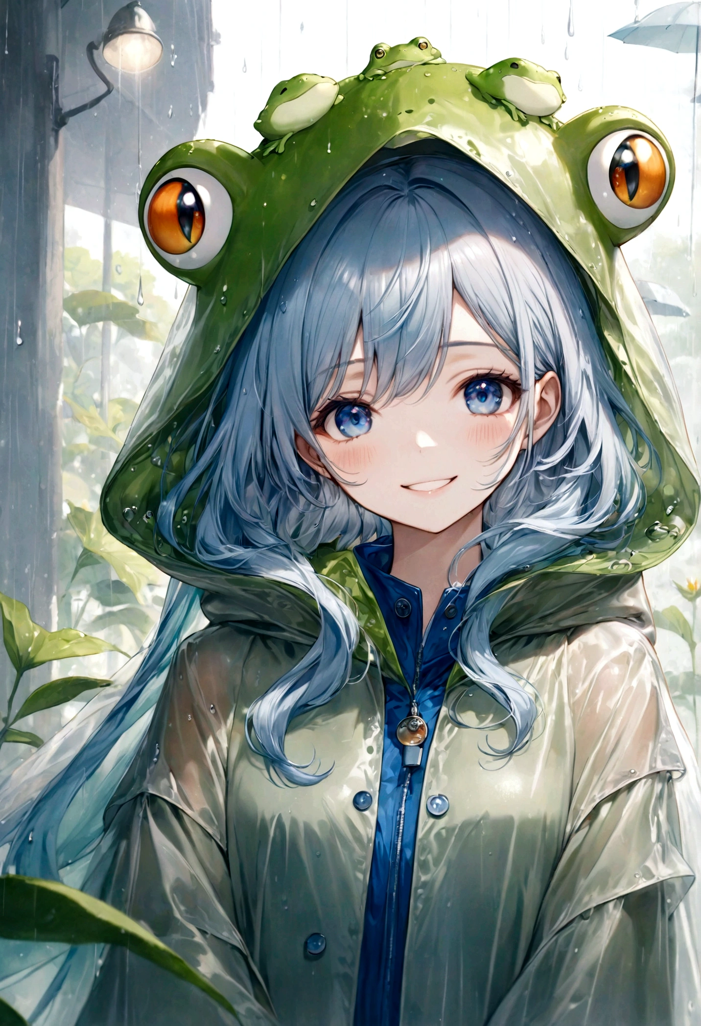 ((top-quality)), ((masterpiece)), ((ultra-detailliert)), (extremely delicate and beautiful), beautiful woman, bright light blue hair, long wavy hair, sapphire blue eyes, wearing a spring green raincoat, raincoat has a frog hood, raincoat is sheer, graceful smile, sweet smile, relaxed expression, fair complexion, rainy background