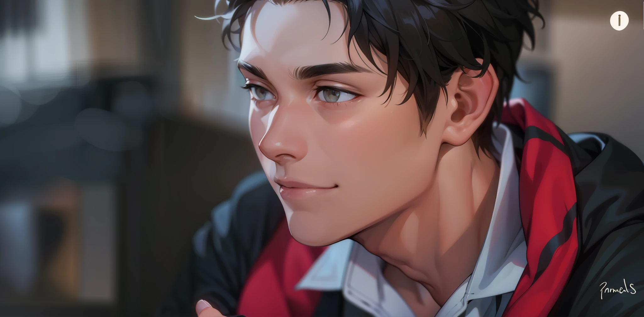 He talks to him, looks at him with a distrustful smile, mistrust, cute 17-year-old boys, honey-colored eyes.