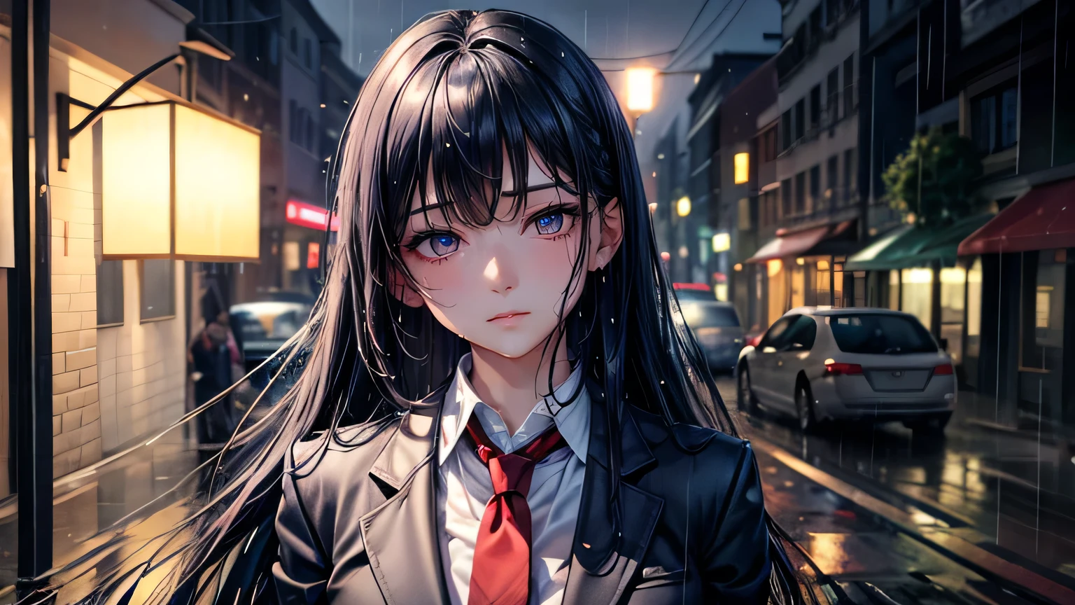 Beautiful woman 1.3, Beautiful dark blue hair: 1.2, , Rainy Town: 1.2,City of night,In town: 1.1, Ultra-high resolution, Accurate, Super detailed, Textured skin, High detail, highest quality, 8k,Thin bangs,Upper Body,Well-drawn eyes, Focus on the face,blazer,Detailed hair depiction,Detailed depiction of eyes、Detailed depiction of hair、rain、rain grain、Street lamp、Wet ground、Upper Body、midnight、Sad expression、Wet clothes、Wet Hair、Wet Face、