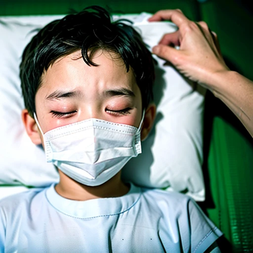 Handsome kindergarten boy with infectious disease、Appearance of suffering. He is wearing a white mask. He has a high fever. he is sleeping. He has a cough. He is exhausted. He is taking his temperature with a thermometer. He is dying. He is cooling his forehead with a cooling gel sheet..Are crying