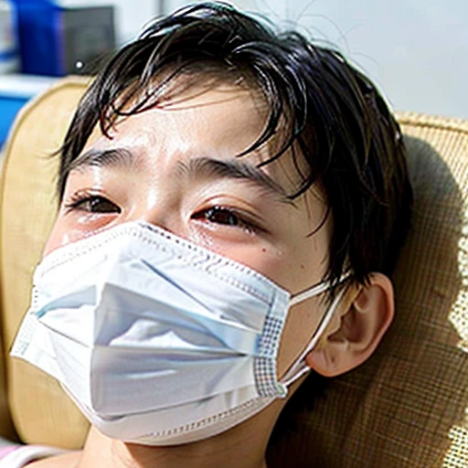 Handsome kindergarten boy with infectious disease、Appearance of suffering. He is wearing a white mask. He has a high fever. he is sleeping. He has a cough. He is exhausted. He is taking his temperature with a thermometer. He is dying. He is cooling his forehead with a cooling gel sheet..Are crying