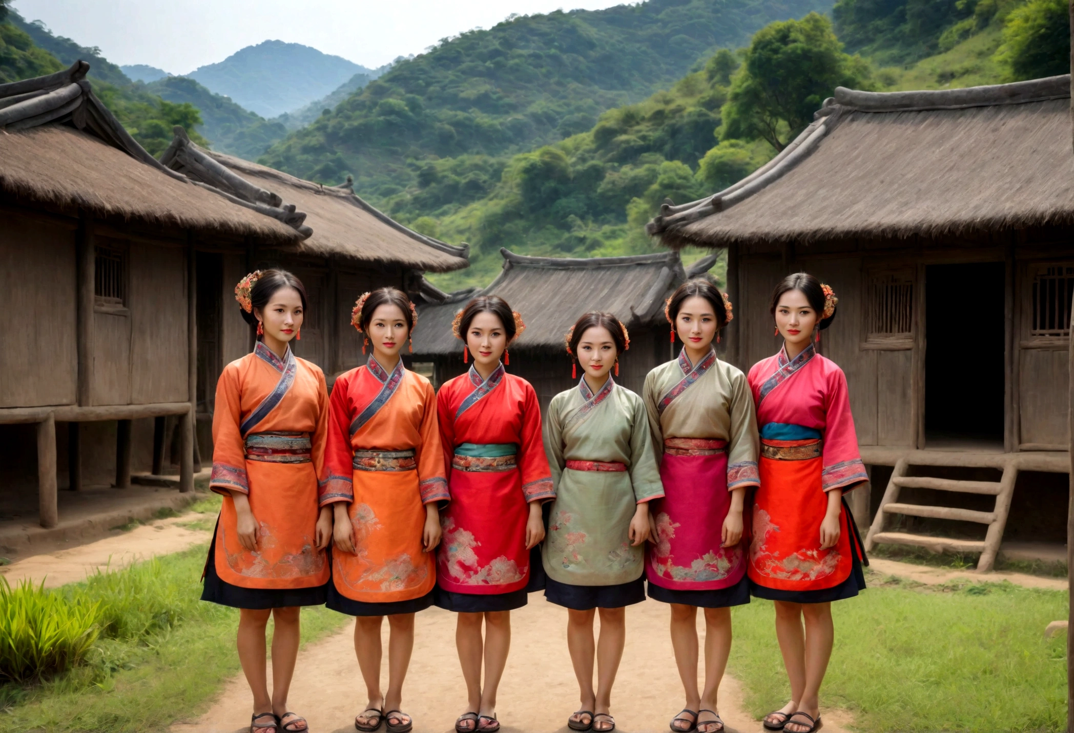 ((best quality)), ((masterpiece)), (detailed), 5girl, five Women standing in front of village hut in the Asian region looking to viewer, the hui chinese ethnic group plateau area, dress in short traditional and see rural towns of the city.