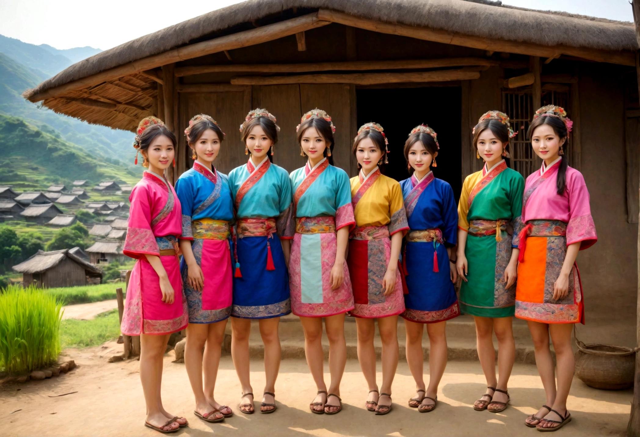 ((best quality)), ((masterpiece)), (detailed), 5girl, five Women standing in front of village hut in the Asian region looking to viewer, the hui chinese ethnic group plateau area, dress in short traditional and see rural towns of the city.