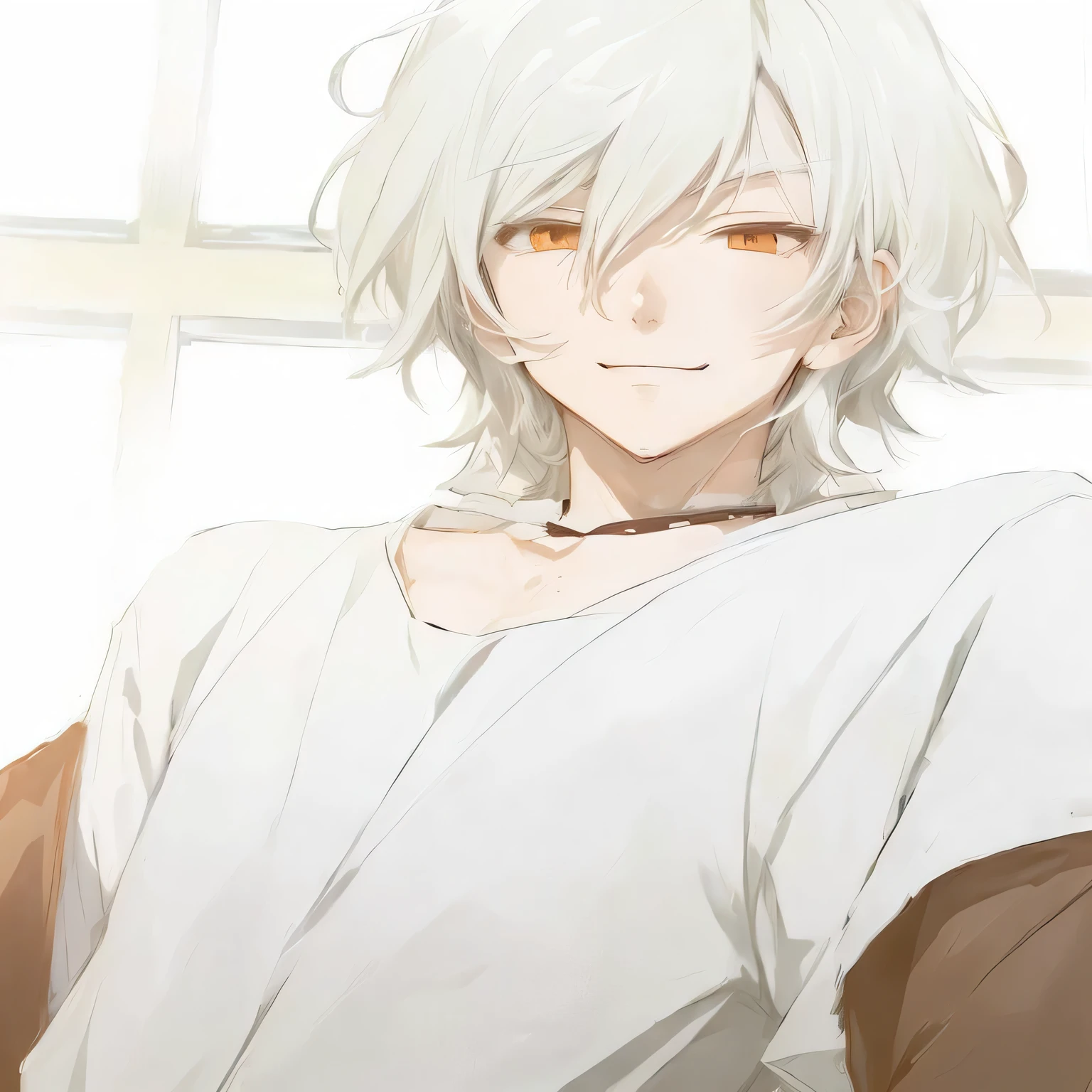 Anime picture of a man with white hair and white shirt, zarter androgyner Prinz, Hajime Yatate, white-haired deity, Anime handsome man, beautiful androgynous prince, weißhaarig, koyoharu gotouge, cheerful smile, gutaussehender Prinz, ( ( ( Yoshinari yoh ) ) ), male anime character, Natsume Yuujinchou