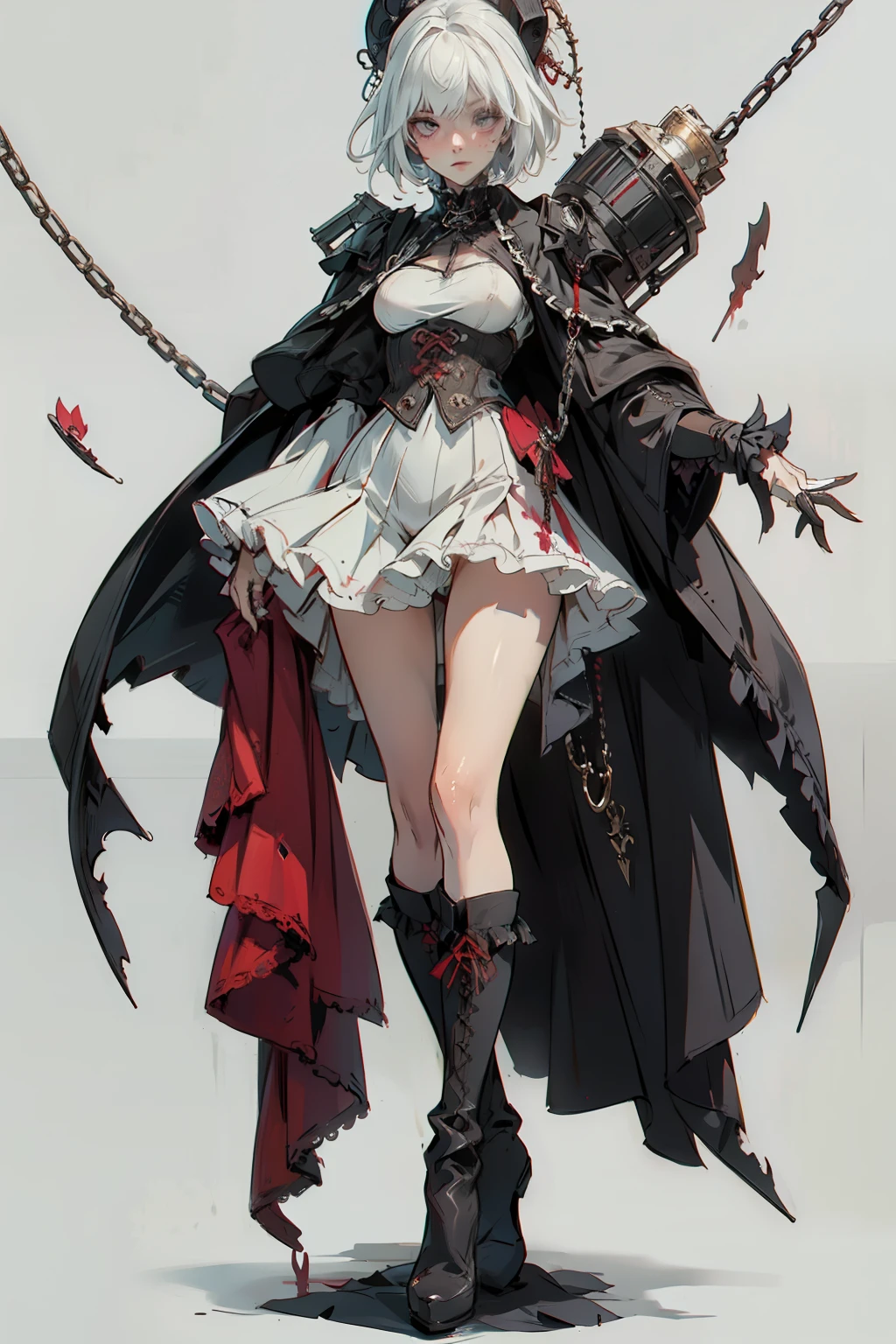 ((best quality)), ((masterpiece)), (detailed), a penitent female, blank white background, plain background, white background, red and white clothing, Bloodborne aesthetic, occult aesthetic, occult, occult paraphernalia, detailed and intricate steampunk and detailed gothic, NSFW, Very dramatic and cinematic lighting, cosmic horror, grim-dark, side-lighting, perfect face, NSFW, Fluttering lace flared dress with frilly petticoats, pleated petticoats, petticoats, complex lace boots, side-lighting, gothic aesthetic, chains, mechanical components, carbine, NSFW, beautiful small breasts, small breasts, full body, whole body, body, plain background, white background, blank background, no background, white background NSFW, full body, whole body, head-to-toe dynamic poses NSFW