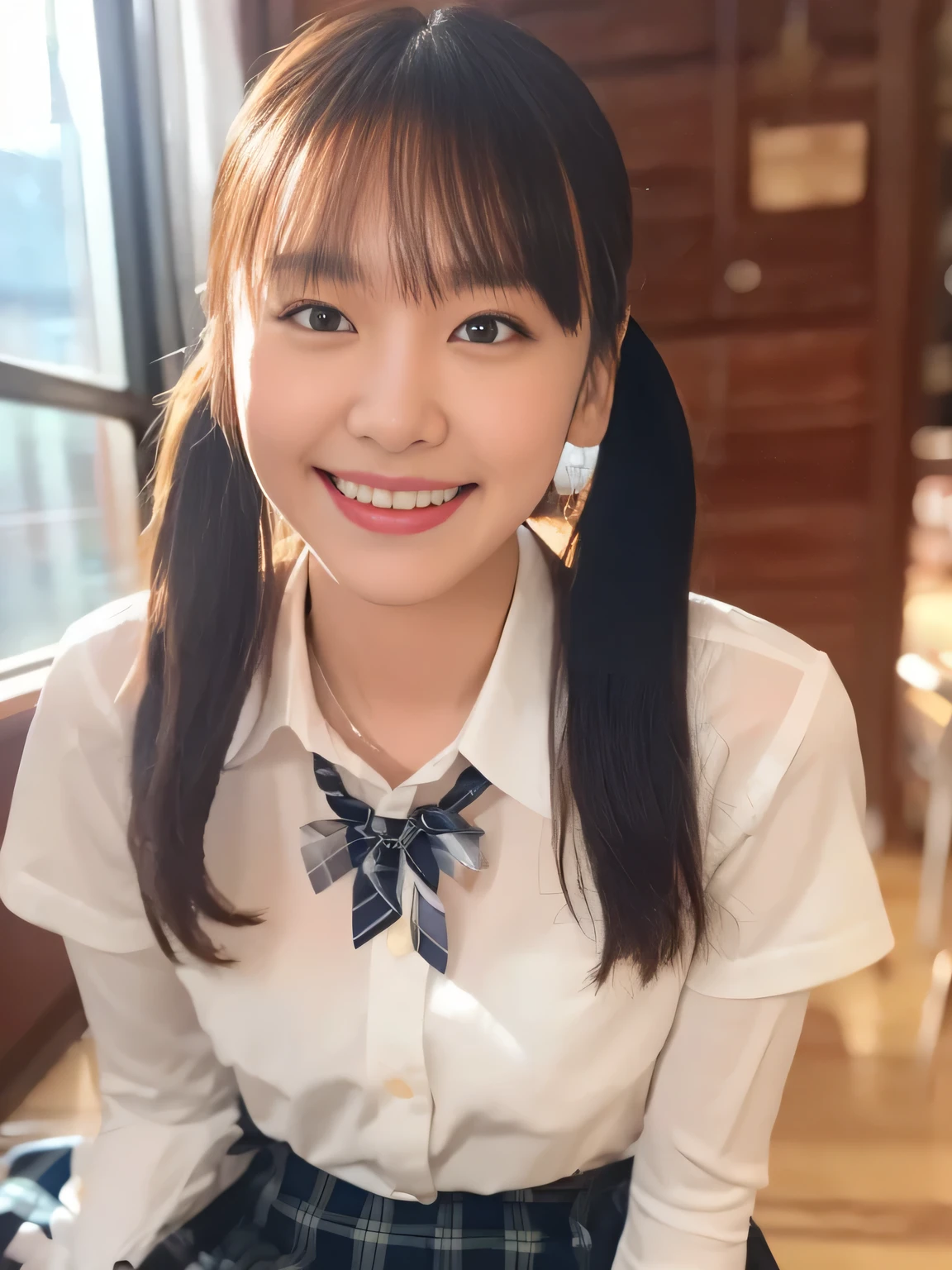 (masterpiece:1.3),(8k, Realistic, RAW Photos, Best image quality: 1.4), , (1 girl,alone), Beautiful Face, (A vivid face、Young Face), (Black-haired, bangs:1.5,Low Twintails：1.2), Beautiful Hairstyles, Realistic eyes：1.2, Beautiful and beautiful eyes, Puffy eyelids、Thin eyes、(Realistic Skin), Beautiful Skin, charm, Ultra-high resolution, Attention to detail, Golden Ratio, pretty girl:1.4、highest quality、masterpiece、Ultra-high resolution、(Realistic:1.4)、expensively detailed and professionally lit、sunlight、（(transparent,Cute school girl：1.2，expensive 、Collared shirt、bow tie,White panties：1.5))、(Black plaid skirt：0.1,Showing panties:1.5)、(((,the body is slim：1.2、thin：1.5))）、thin、（Big smile：1.5、fool、:1.5),(((School classroom)))、(((Sitting:1.2,Spread your legs、Browsing Caution:1.2,thin)))、Portraiture：1.2