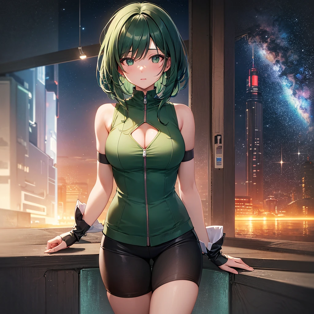 (masterpiece, best quality:1.2), (masterpiece, best quality:1.2), ultra-detailed a very beautiful Asian, curve-in short dark green hair, look at viewer, tight vest, medium bust, night, cyberpunk space, space view, HDR lighting, RTX Raytracing