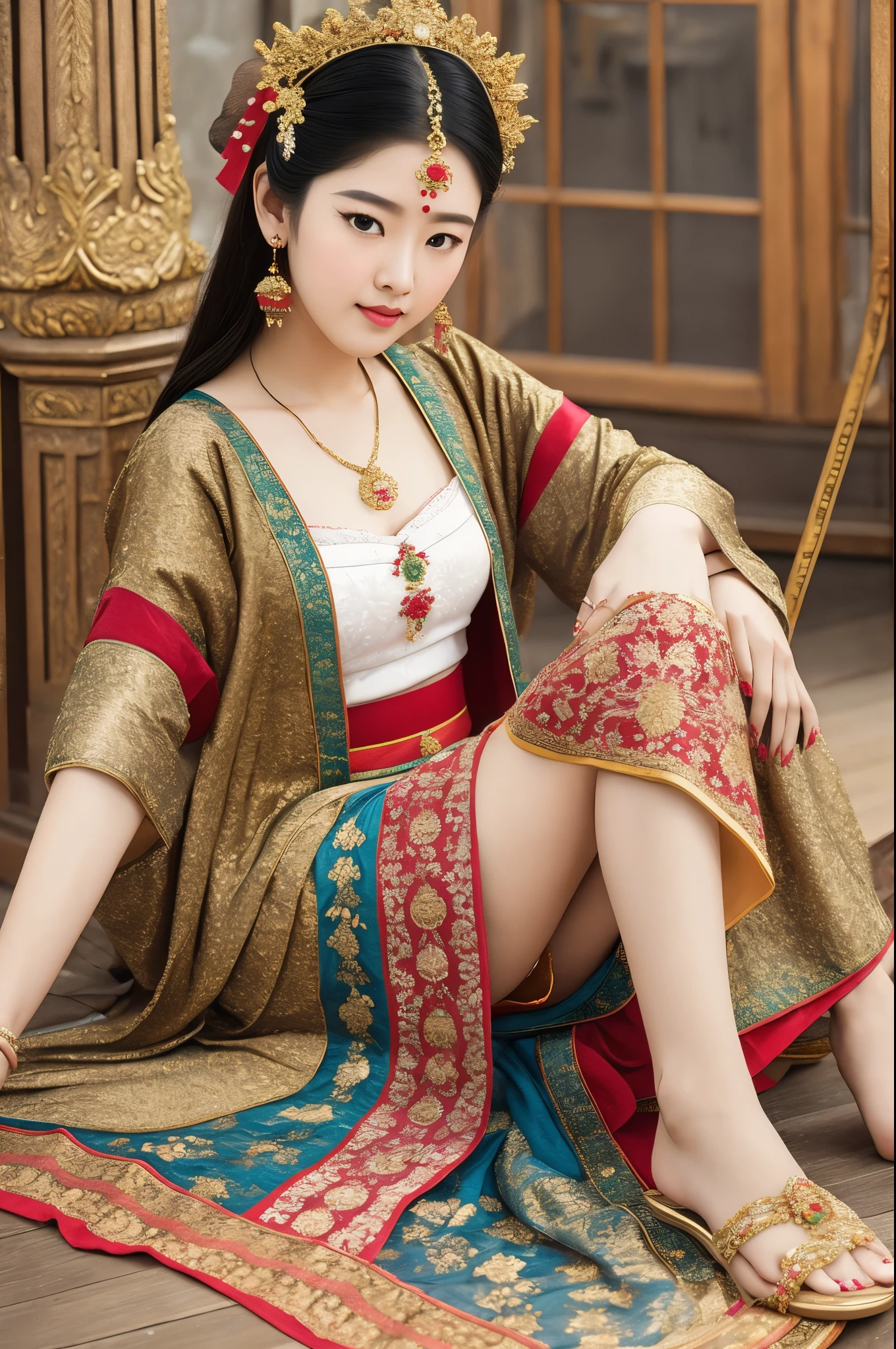 Wearing a star crown, flying colorfully，Wearing a red vestment。The shoes under your feet are full of embellishments，The precious belt around the waist is exquisite。A pair of Najin Lingbo socks，Half exposed skirt with embroidered velvet。Holding the Ruyi Golden Hook，The Jinzunli pole is as long as a python