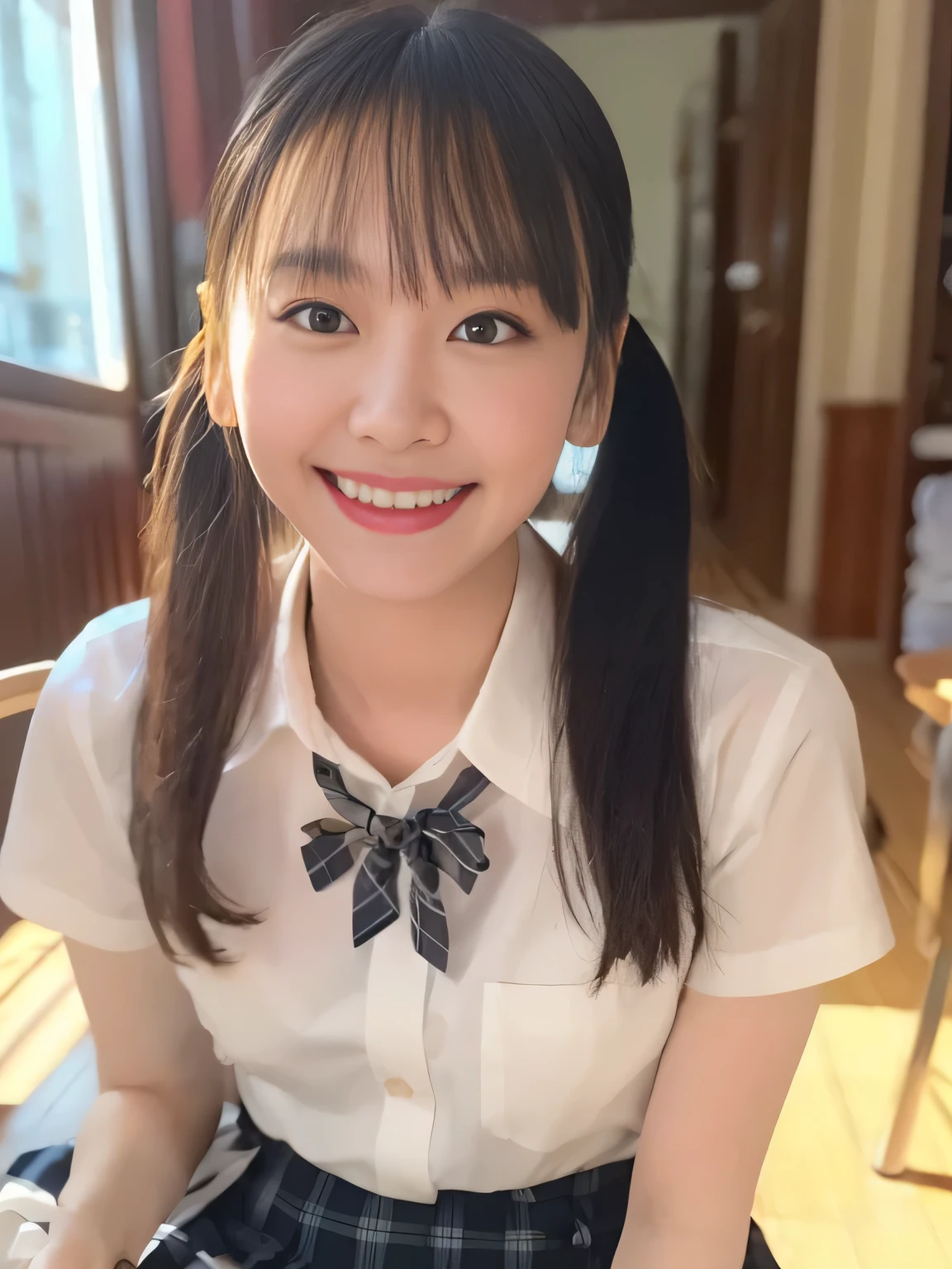 (masterpiece:1.3),(8k, Realistic, RAW Photos, Best image quality: 1.4), , (1 girl,alone), Beautiful Face, (A vivid face、Young Face), (Black-haired, bangs:1.5,Low Twintails:1.2), Beautiful Hairstyles, Realistic eyes:1.2, Beautiful and beautiful eyes, Puffy eyelids、Thin eyes、(Realistic Skin), Beautiful Skin, charm, Ultra-high resolution, Attention to detail, Golden Ratio, pretty girl:1.4、highest quality、masterpiece、Ultra-high resolution、(Realistic:1.4)、expensively detailed and professionally lit、sunlight、((transparent,Cute school girl:1.2,expensive 、Collared shirt、bow tie,White panties:1.5))、(Black plaid skirt:0.1,Showing panties:1.5)、(((,the body is slim:1.2、thin:1.5)))、thin、(Big smile:1.5、fool、:1.5),(((School classroom)))、(((Sitting:1.2,Spread your legs、Browsing Caution:1.2,thin)))、Portraiture:1.2