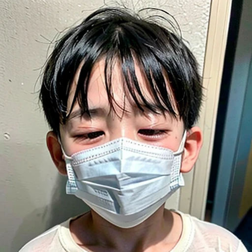 Handsome kindergarten boy with infectious disease、Appearance of suffering. He is wearing a white mask. He has a high fever. he is sleeping. He has a cough. He is exhausted. He is taking his temperature with a thermometer. He is dying. He is cooling his forehead with a cooling gel sheet..Are crying
