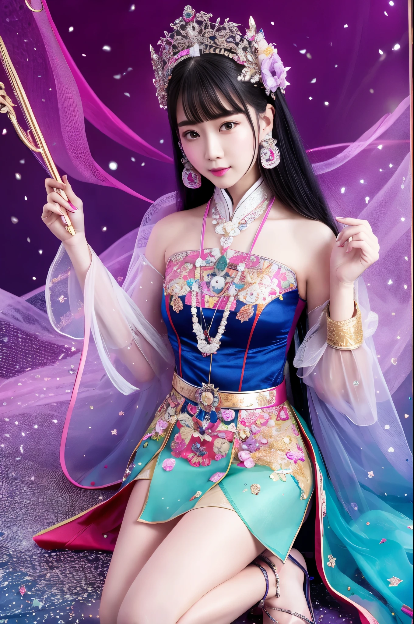 Wearing a star crown, flying colorfully，Wearing a red vestment。The shoes under your feet are full of embellishments，The precious belt around the waist is exquisite。A pair of Najin Lingbo socks，Half exposed skirt with embroidered velvet。Holding the Ruyi Golden Hook，The Jinzunli pole is as long as a python