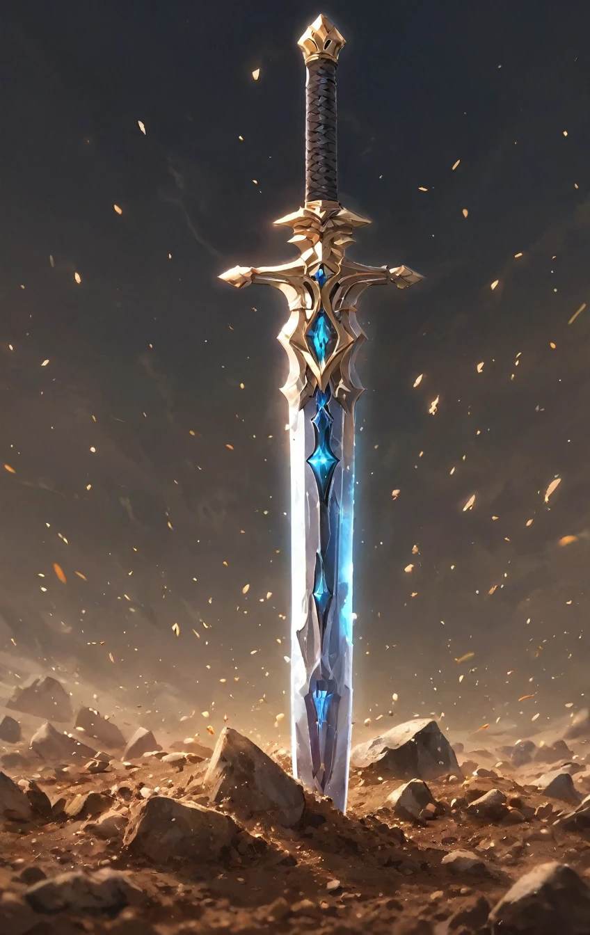 masterpiece, best quality, epic fantasy art style, simple stone and dirt sword for card game (blade and hilt is made of stone and dirt), full art, full sword art, ultra high resolution, sharp focus, HD, 8k, clear details, zoom out to get the full sword in the image, simple background, show full sword, sword centered on image to allow ample background to show