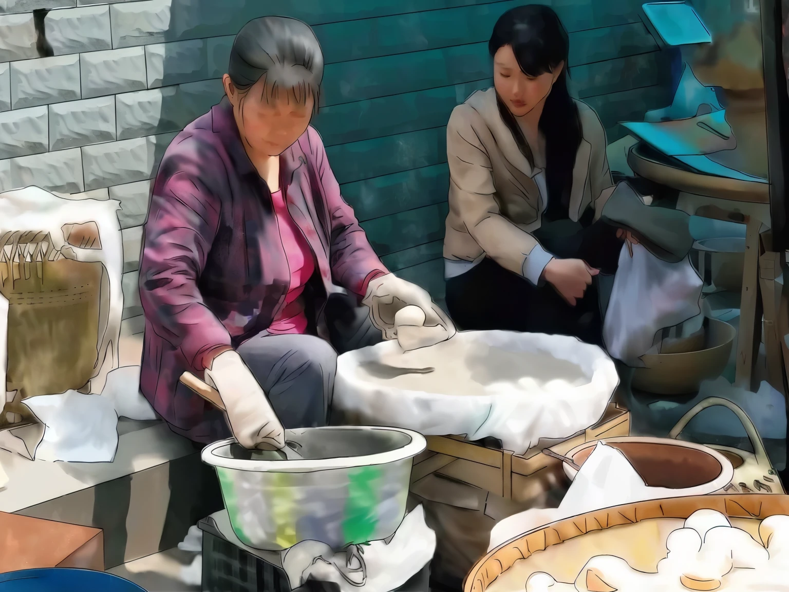 Two women sitting on a bench making bowls of food, Pottery, Colorful, Supersaturation, Granular, Colorization photograph, korean Miss, chinese Miss, Colorization photo, wet clay, a Colorization photo, Stir, Colorization, Digital painting, Tradition, Miss, clay art, Ancient Chinese Painting, by An Zhengwen，Feeling，Perfect light and shadow，空间Feeling，perspective，Scenes，Warm and cold