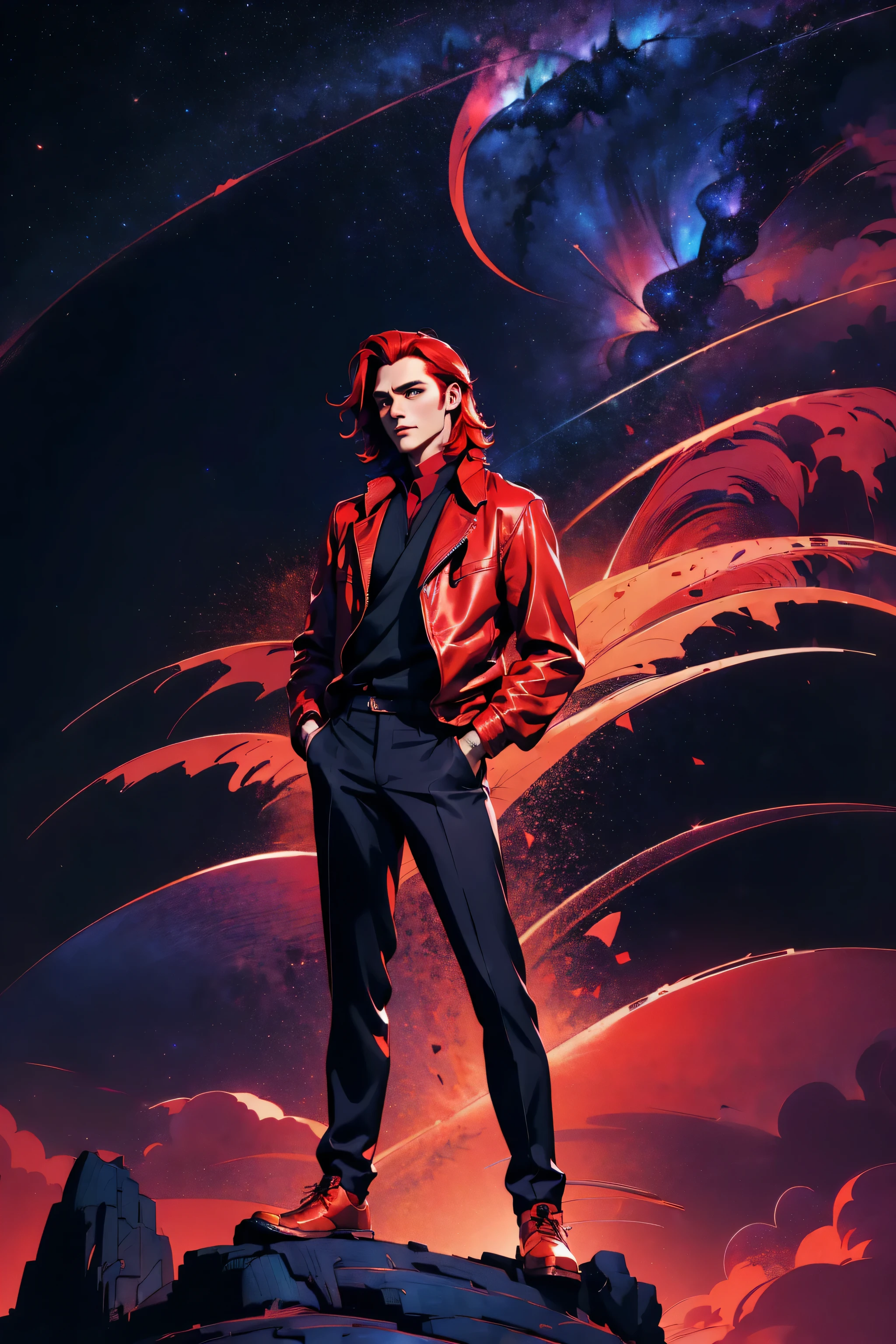 l1s4fr4nk, a man, handsome, robust, red hair, wearing a jacket, positioned on a city road at night, soft urban lighting, starry sky in the background, in a natural pose, best quality, loraeyes