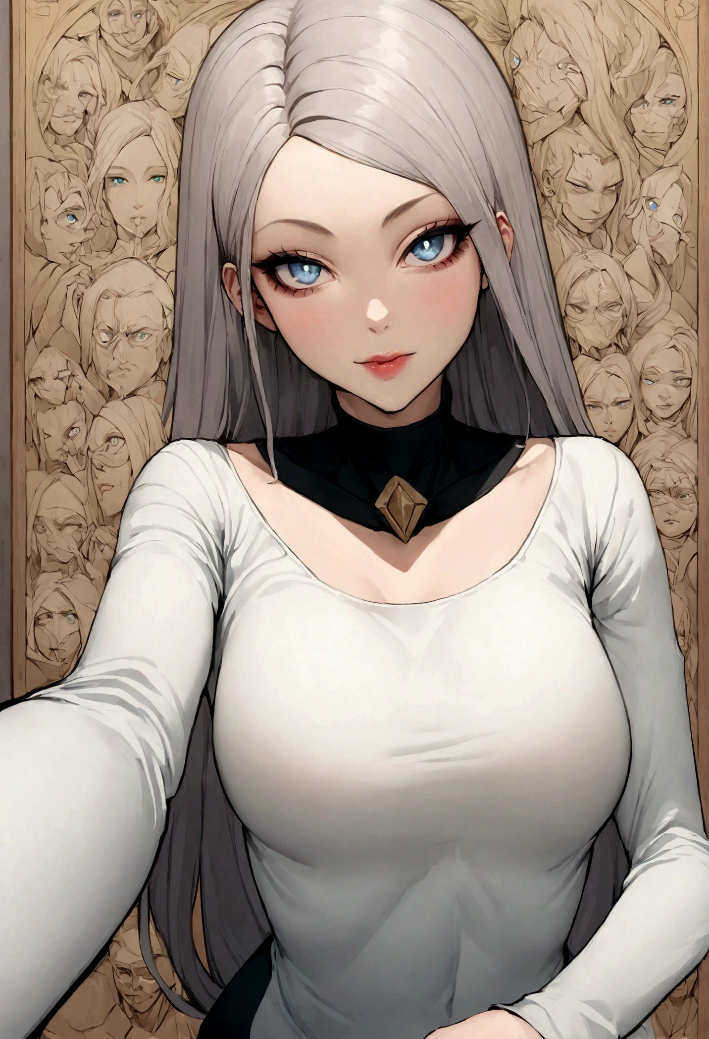 Mulher com blusa e calcinha combinando, sexy com olhos azuis, cabelos pretos e olhos grandes, selfie de uma jovem mulher, ohne maquiagem, Maquiagem natural, Look directly into the camera, Rosto com ArtGram, dezentes Maquiagem, Great front photo, no quarto, Seios grandes