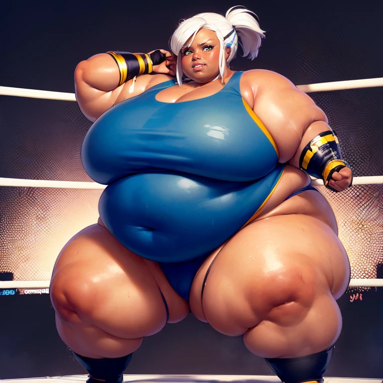 ((Dark skin)), ((dark skinned female)), ((brown skin)) ((giantess)), ((strongfat)), ssbbw, obese, ((strong arms)), ((white hair)), ((blue eyes)), ((tall)), (gentle smile), (wrestling gear), gigantic, insanely large belly, sweaty, subtle blush, (bare arms), ((gigantic biceps)), leotard, fingerless gloves, ((wrestling ring background)), clear face, large eyes, ((heavy shading on lower half of the body)), ((large bicep muscles)), ((looking down at viewer))