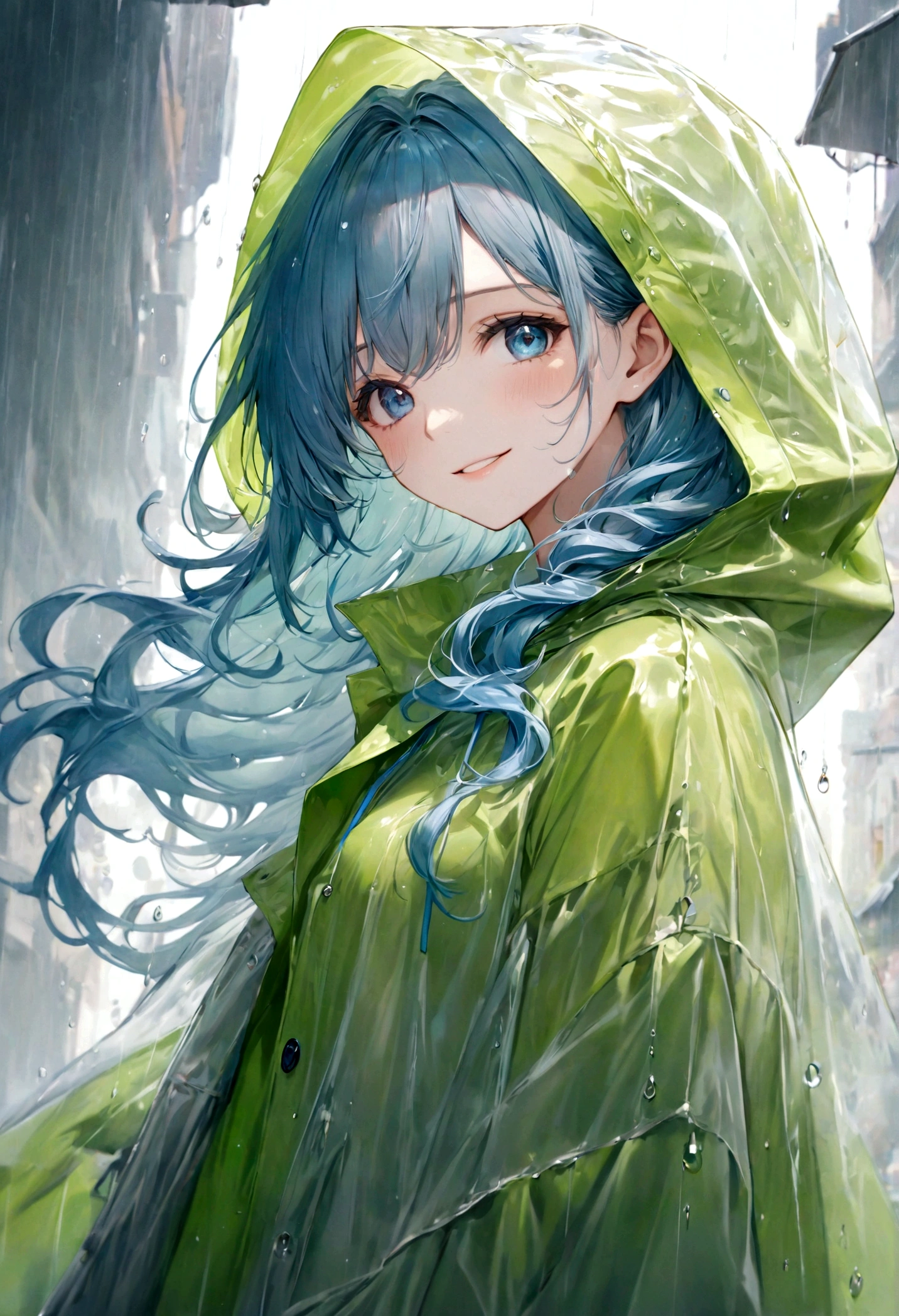 ((top-quality)), ((​masterpiece)), ((ultra-detailliert)), (extremely delicate and beautiful), beautiful woman, bright light blue hair, long wavy hair, sapphire blue eyes, wearing a spring green raincoat, raincoat has a hood, raincoat is sheer, graceful smile, sweet smile, relaxed expression, fair complexion, rainy background