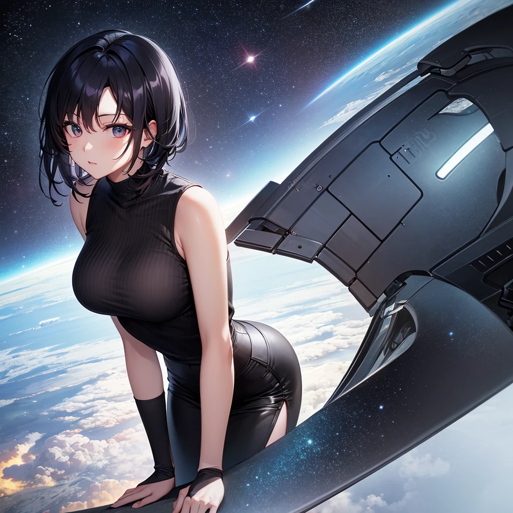 one girls , side view , Young girl , naked butt ,Short Hair Hair , Bob haircut , black hair , girl in a spacesuit , full length ,White spacesuit, High Quality , Dark tones , anime girl