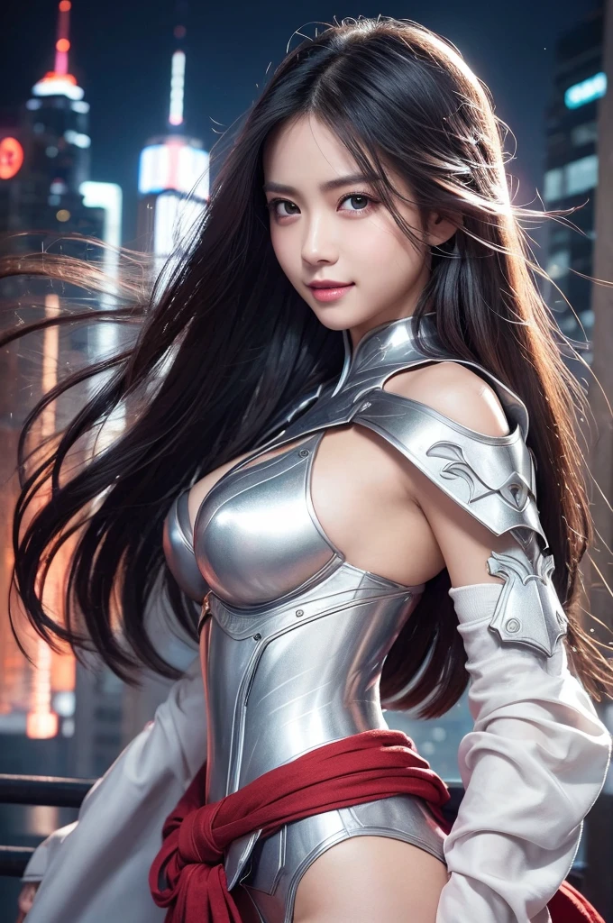 highest quality、8k Masterpiece、超A high resolution、(Photorealistic:1.3)、RAW Photos、1 girl、Long, shiny silver-white hair、Glowing Skin、samurai、Ninja、((Ultra-Realistic Details))、Portrait、Global Illumination、Shadow、Octane Rendering、8k、Super sharp、Beautiful breasts、Metal、Cold colors、、Very intricate details、Realistic Light、CGSoation Trend、Beautiful Eyes、Shining Eyes、To the camera、Neon Details、２０age、Too beautiful face、Intelligence、Obscene、A little sexy、Moe、smile、whole body、Healthy Body、The background is the rooftops of Manhattan buildings at night.、love、Charm、mischievous、More sexy、He is wearing futuristic silver-white armor and a red kimono draped over his shoulders.、Brandishing a silver-white futuristic short sword