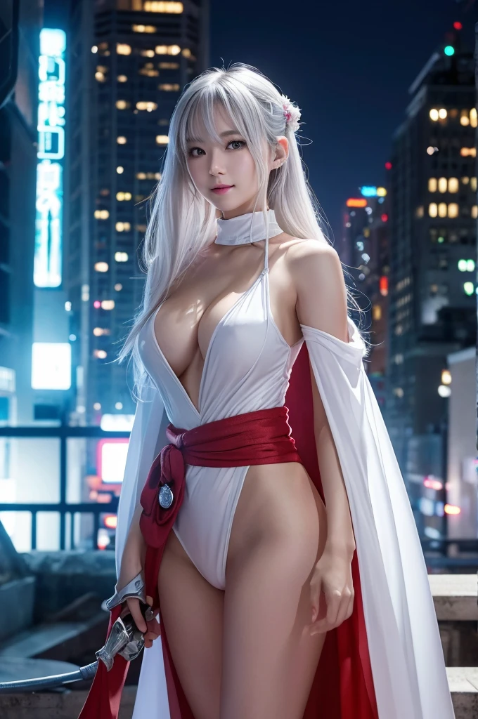 highest quality、8k Masterpiece、超A high resolution、(Photorealistic:1.3)、RAW Photos、1 girl、Long, shiny silver-white hair、Glowing Skin、samurai、Ninja、((Ultra-Realistic Details))、Portrait、Global Illumination、Shadow、Octane Rendering、8k、Super sharp、Beautiful breasts、Metal、Cold colors、、Very intricate details、Realistic Light、CGSoation Trend、Beautiful Eyes、Shining Eyes、To the camera、Neon Details、２０age、Too beautiful face、Intelligence、Obscene、A little sexy、Moe、smile、whole body、Healthy Body、The background is the rooftops of Manhattan buildings at night.、love、Charm、mischievous、More sexy、He is wearing futuristic silver-white armor and a red kimono draped over his shoulders.、Brandishing a silver-white futuristic short sword