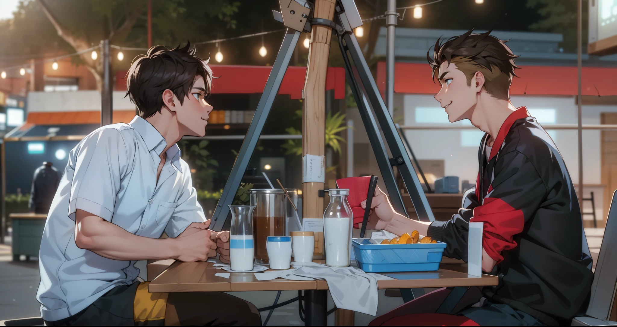He talks to him, looks at him with a distrustful smile, mistrust, cute 17-year-old boys, honey-colored eyes.