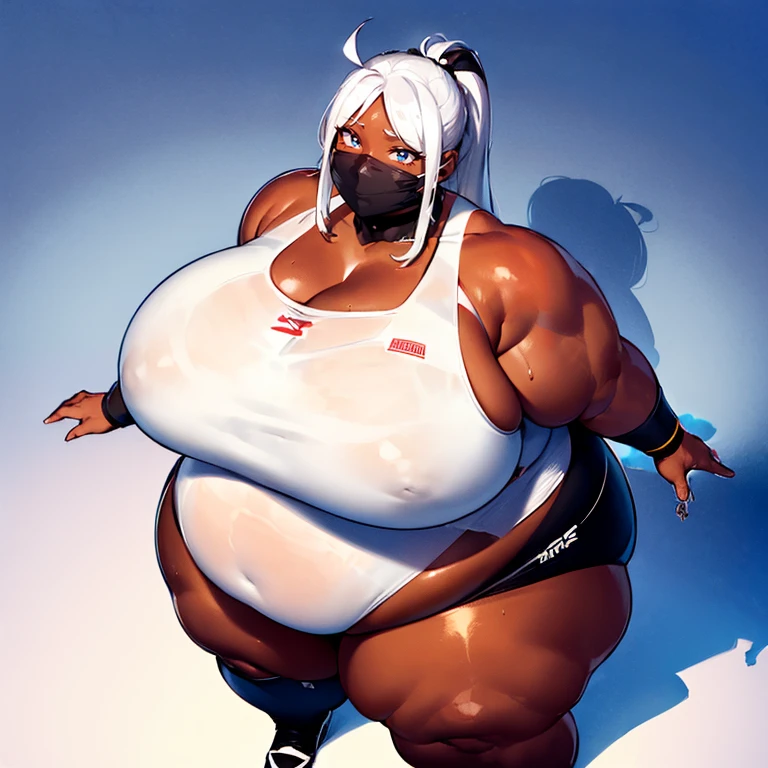 ((Dark skin)), ((dark skinned female)), ((brown skin)) ((giantess)), ((strongfat)), ssbbw, obese, ((strong arms)), ((white hair)), ((blue eyes)), ((tall)), (gentle smile), (wrestling gear), gigantic, insanely large belly, sweaty, subtle blush, (bare arms), ((gigantic biceps)), leotard, fingerless gloves, ((wrestling ring background)), clear face, large eyes, ((heavy shading on lower half of the body)), ((large bicep muscles)), ((looking down at viewer))